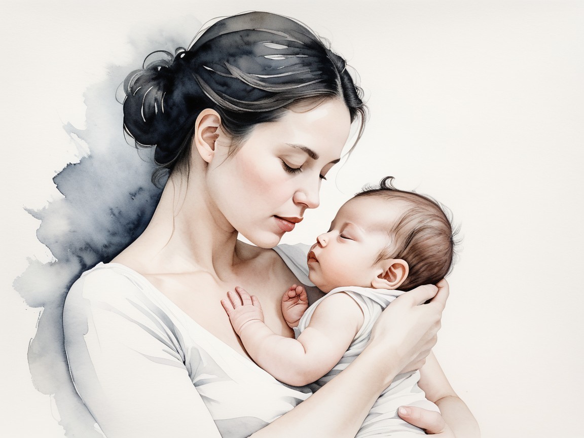 Tender Watercolor of Mother and Sleeping Baby
