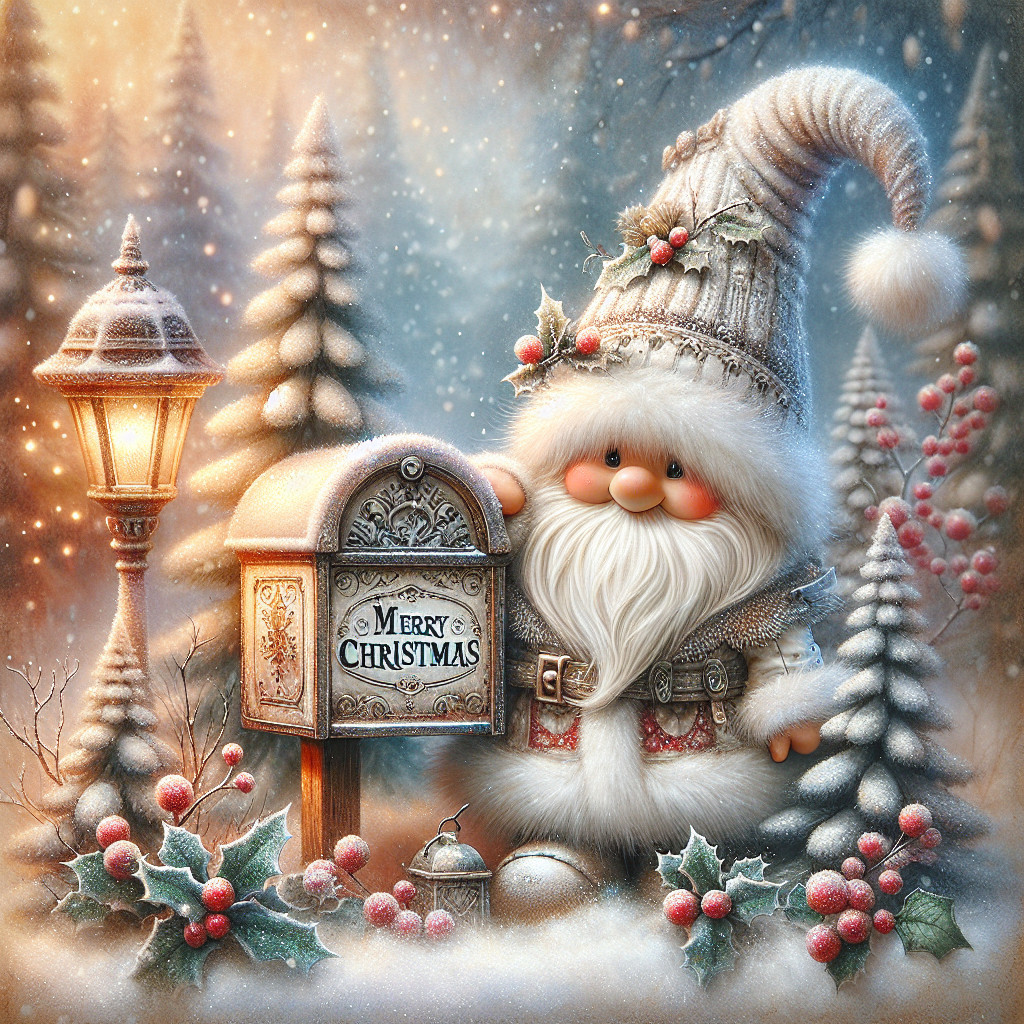 Whimsical Christmas Scene with Gnome and Decorated Mailbox