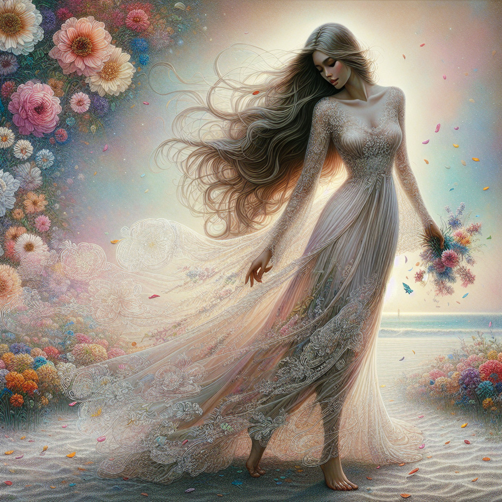 Ethereal Figure by the Shore in Flowing Gown