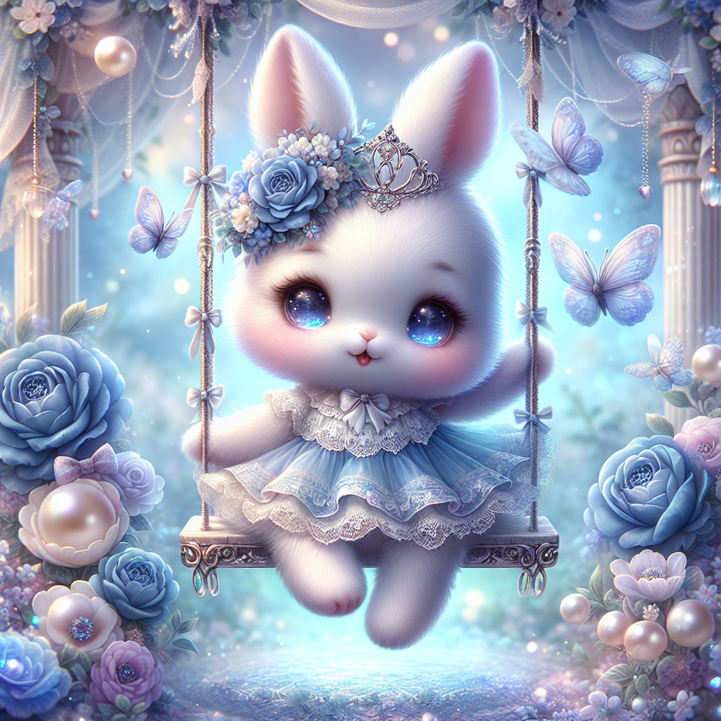 Fluffy White Bunny on Swing with Flowers and Butterflies