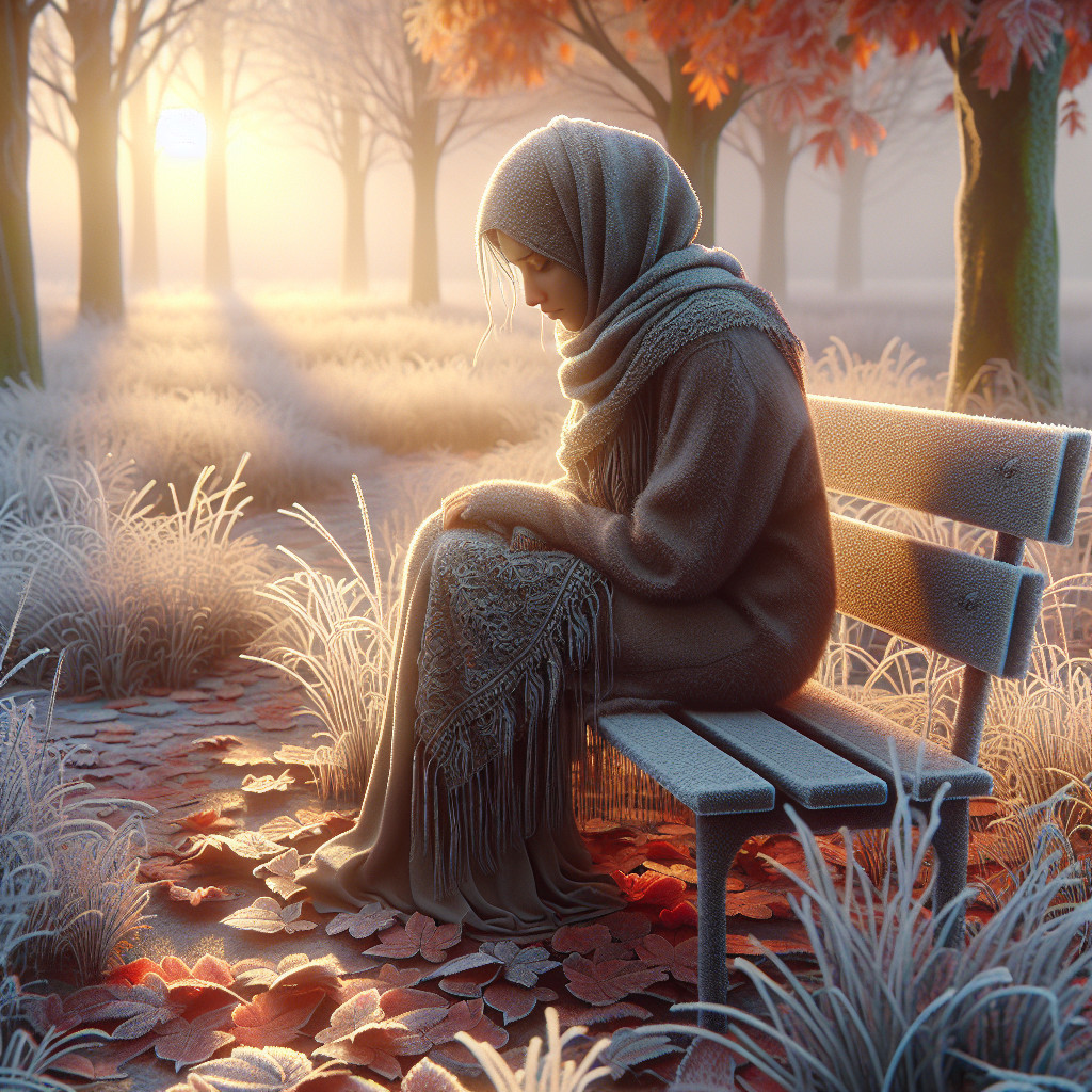 Serene Frosty Landscape with Young Woman and Autumn Leaves