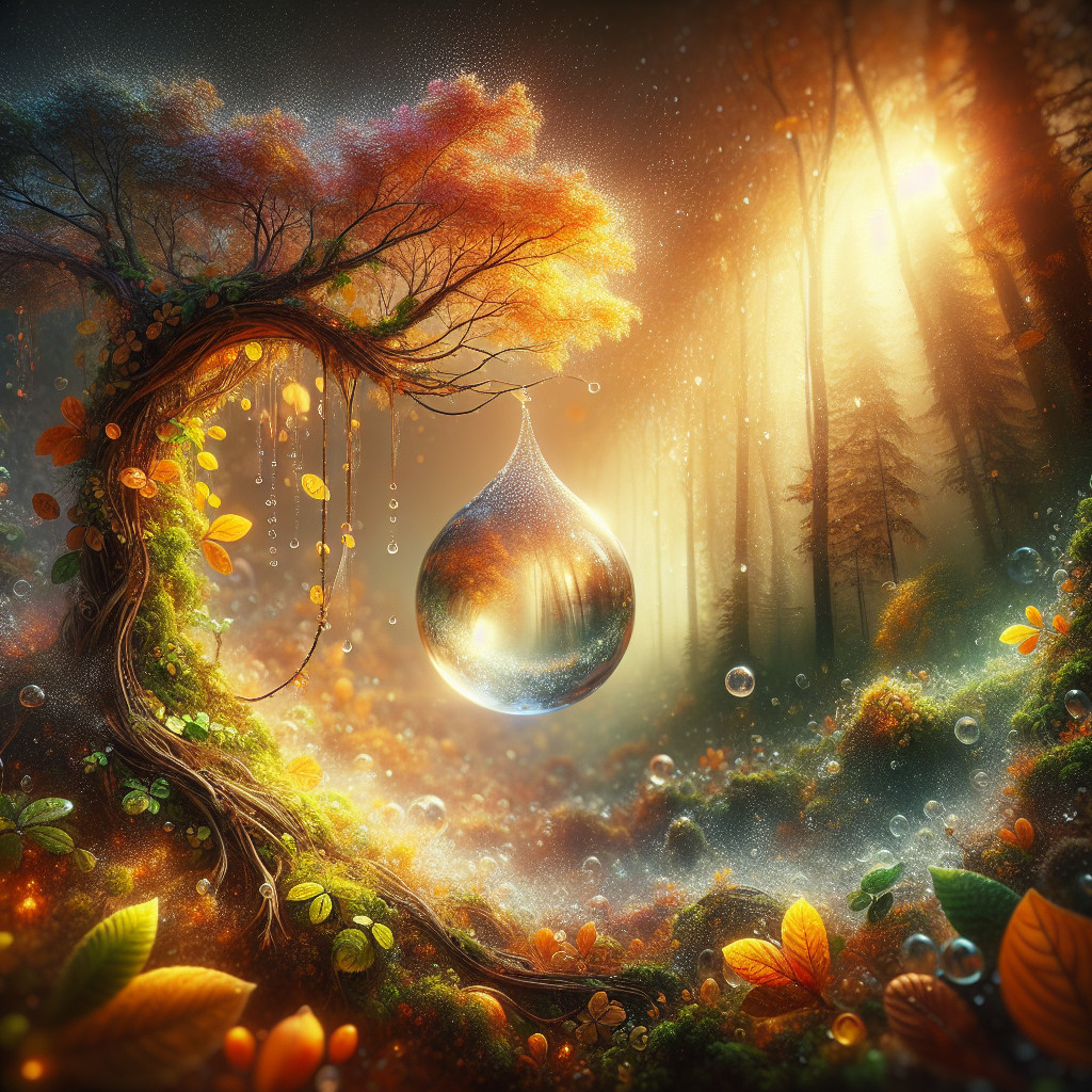 Mystical Forest Scene with Twisted Tree and Leaves