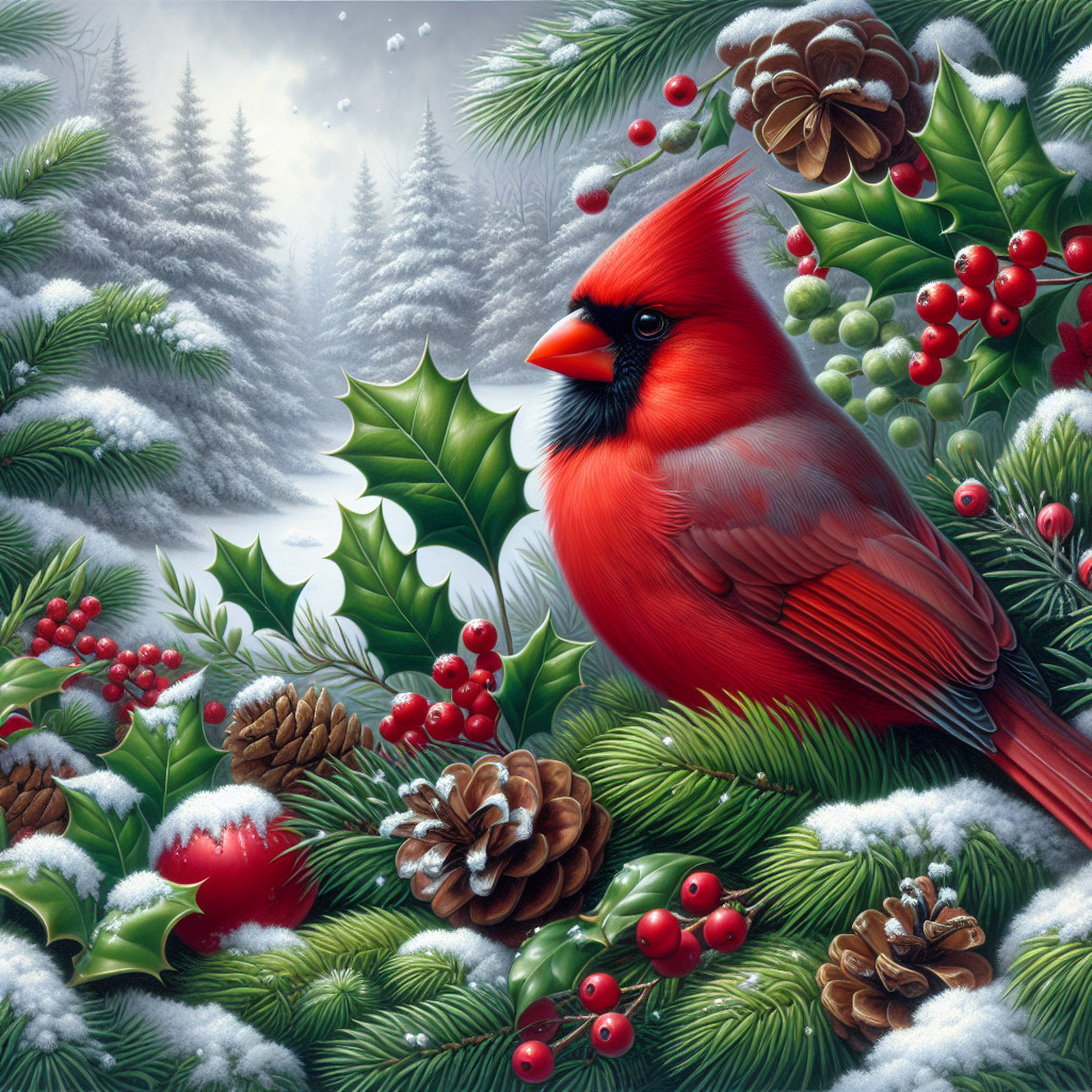 Red Cardinal in a Snowy Winter Landscape with Pine