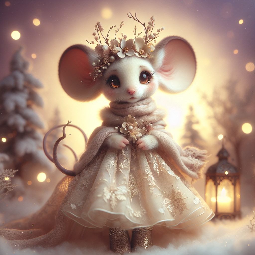 Anthropomorphic Mouse in Elegant Gown in Snowy Scene