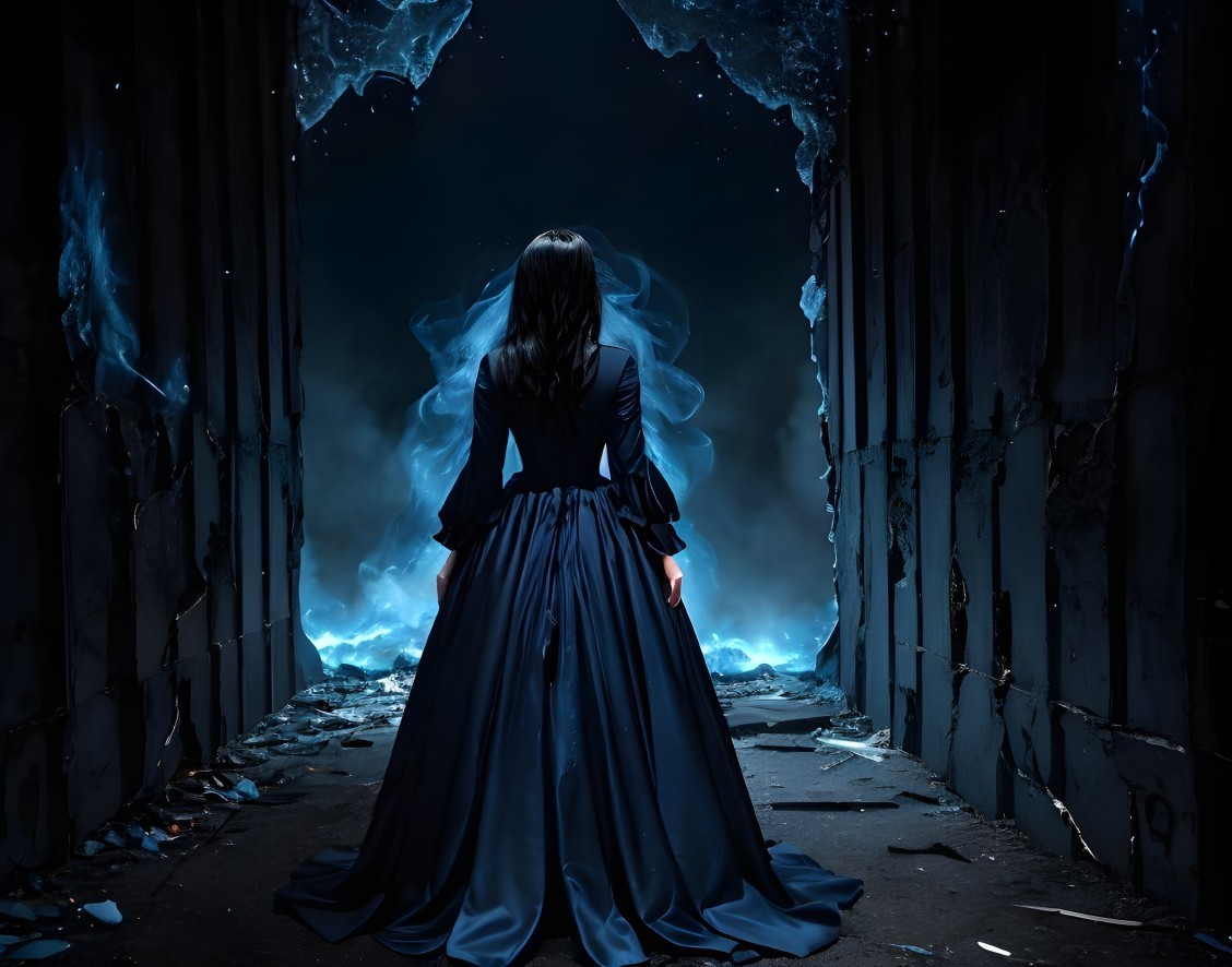 Woman in Blue Dress at Mystical Doorway with Light