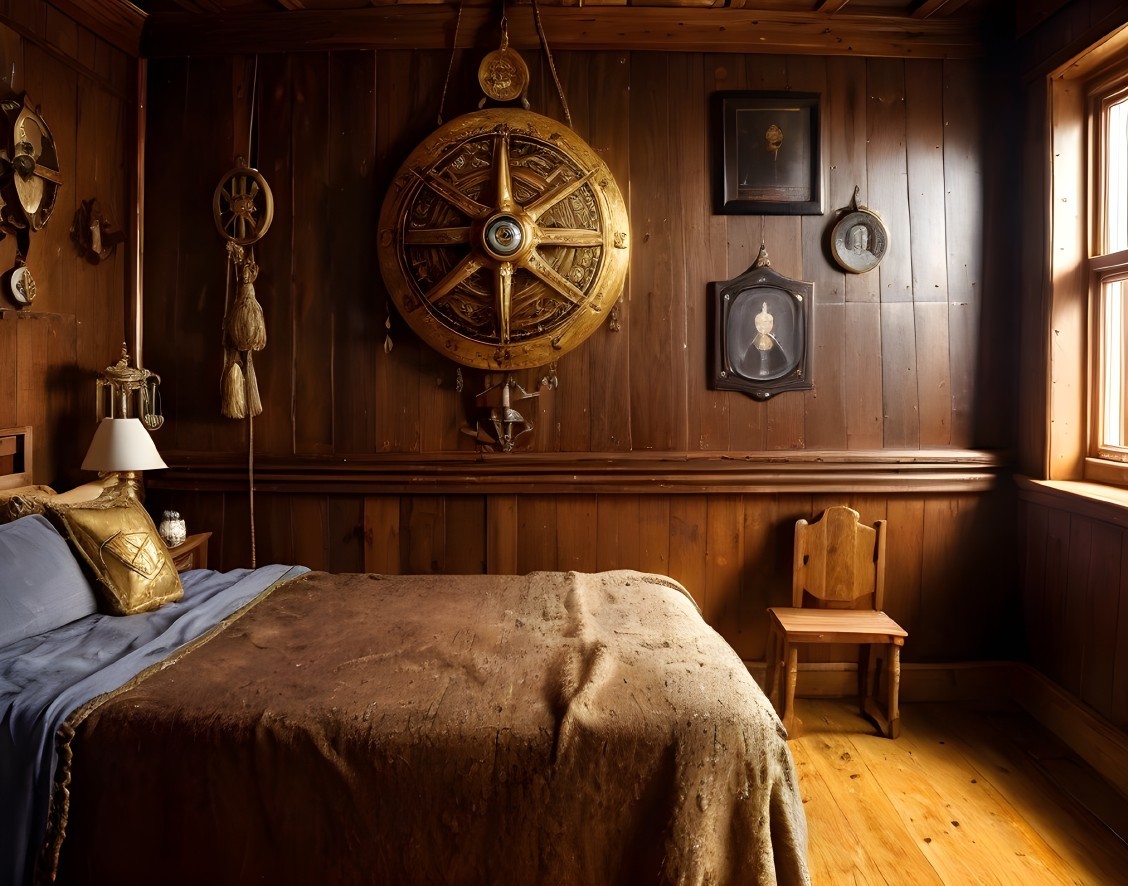 Cozy Bedroom with Wooden Walls and Round Wall Decor
