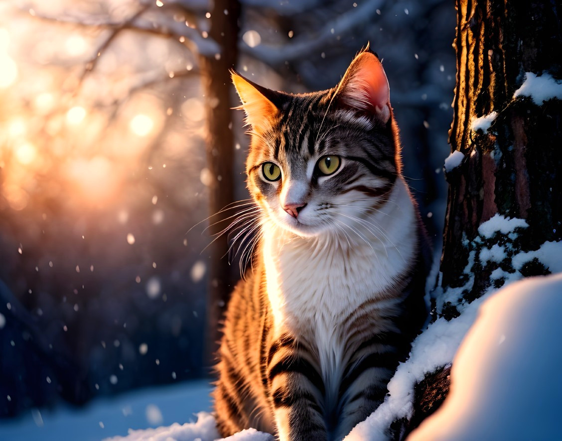 Tabby Cat with Green Eyes Sitting in Snow by Tree Trunk