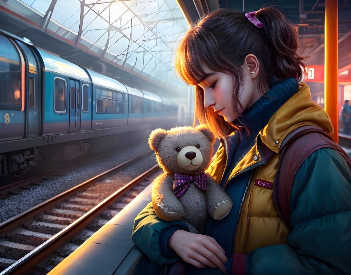 Young girl with teddy bear on train platform at sunset