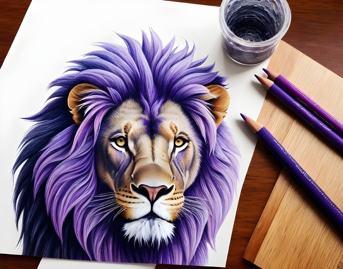 Vibrant Lion Illustration with Art Supplies on Table