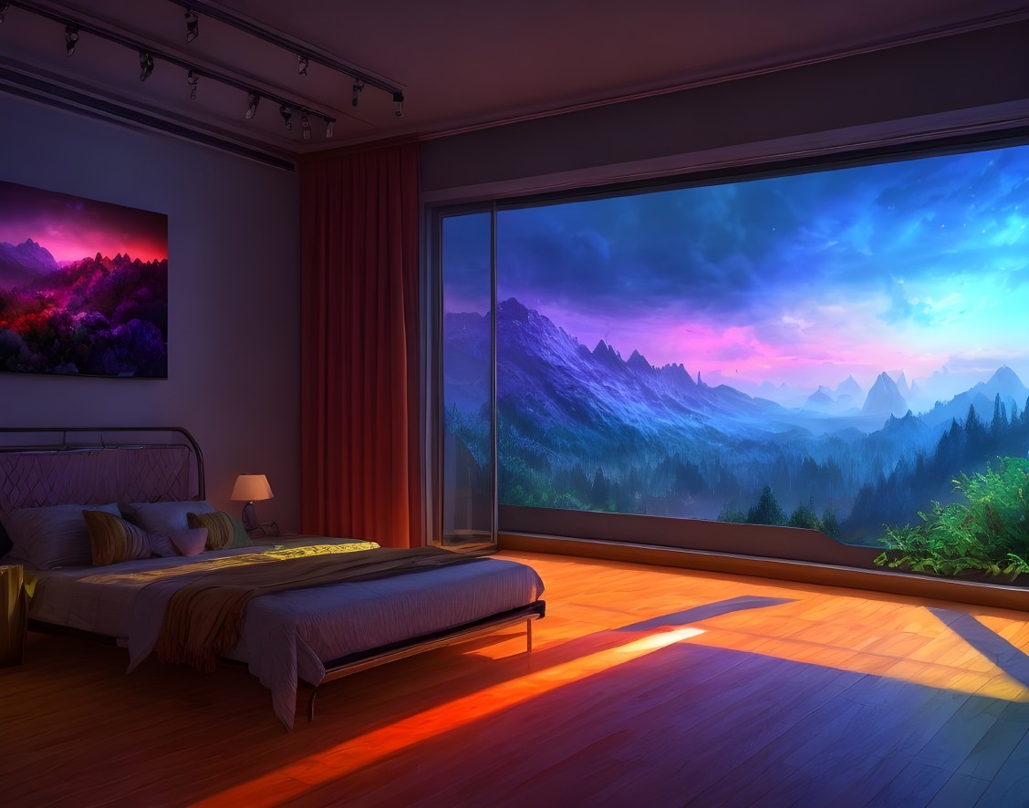 Bedroom with large window showcasing vibrant mountain landscape at twilight