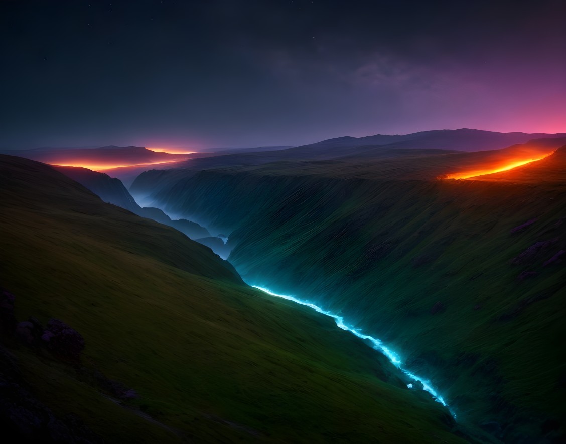 Glowing river at night with starry sky and aurora lights