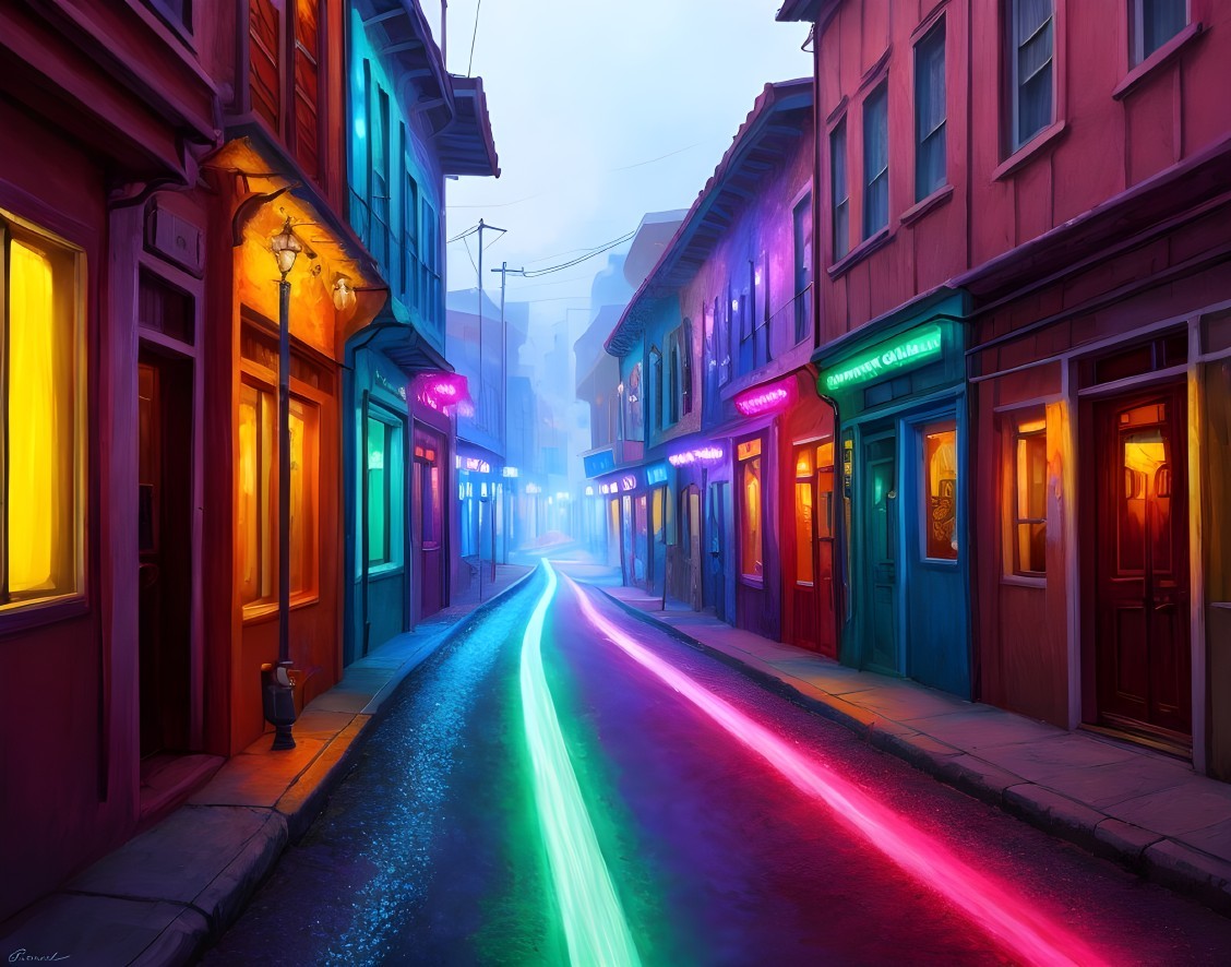 Colorful illuminated buildings on narrow street under purple sky