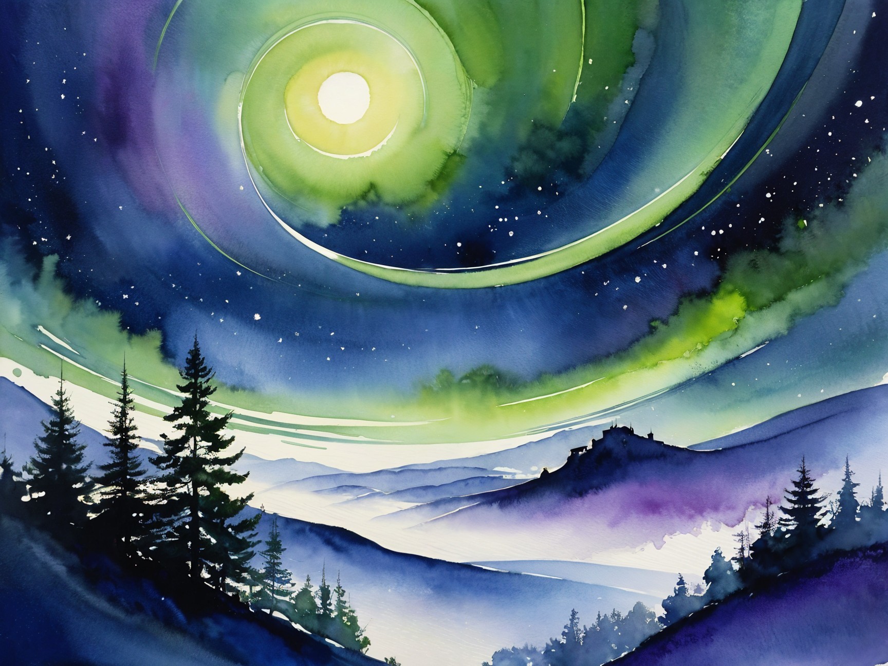 Watercolor Landscape with Moonlit Sky and Pines