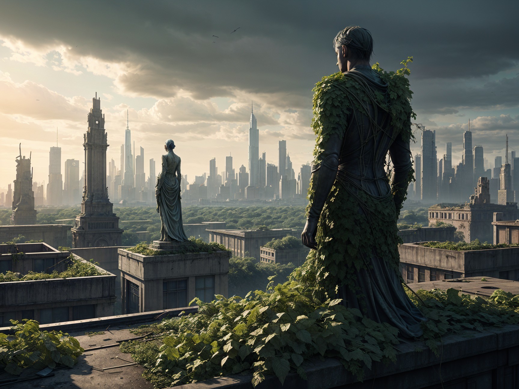 Statues on Rooftop Surrounded by Nature in Metropolis