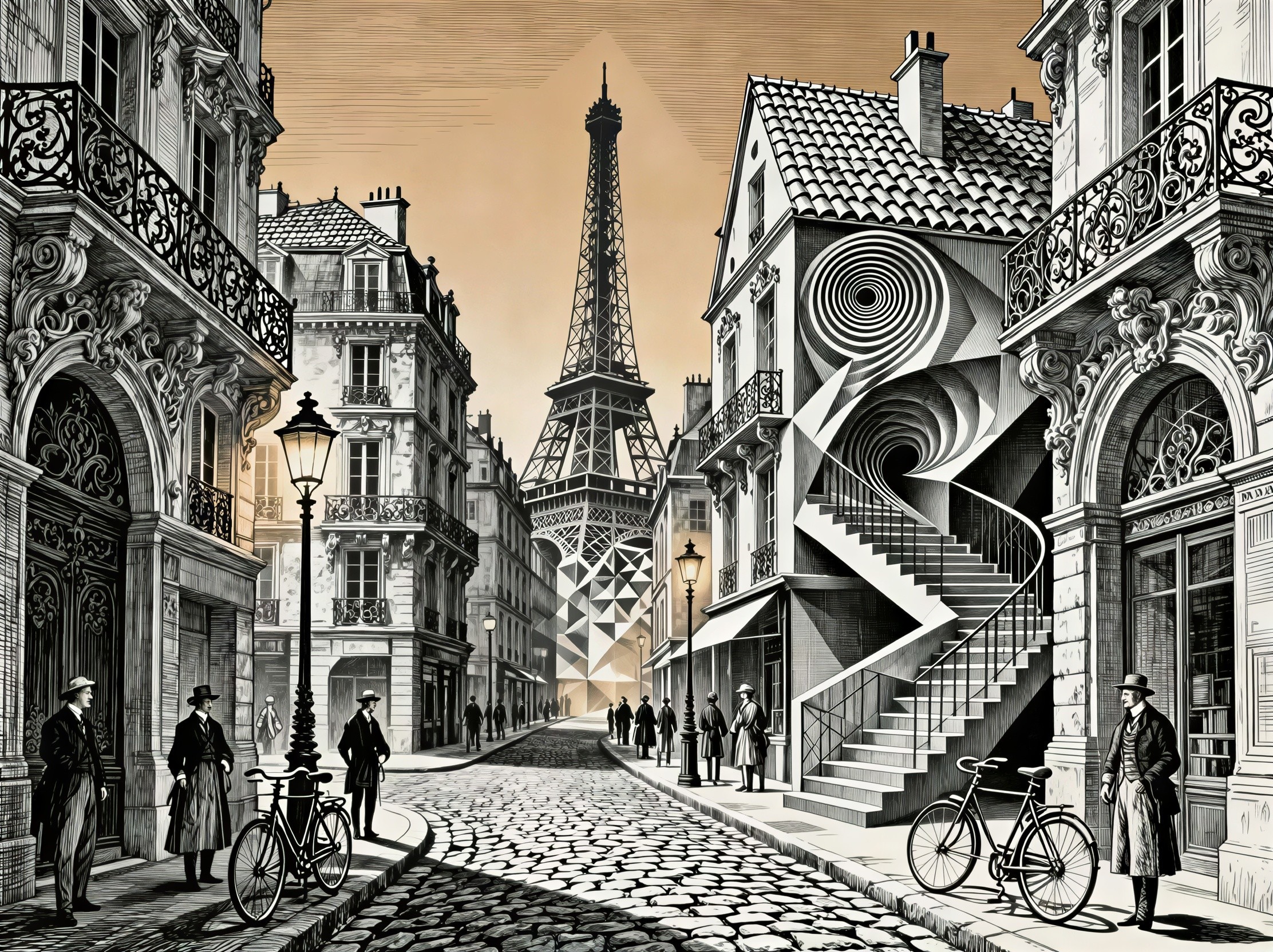 Architectural Illustration of a Parisian Street Scene