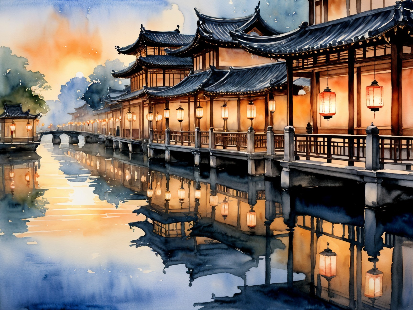 Tranquil Watercolor of Asian Buildings at Dusk