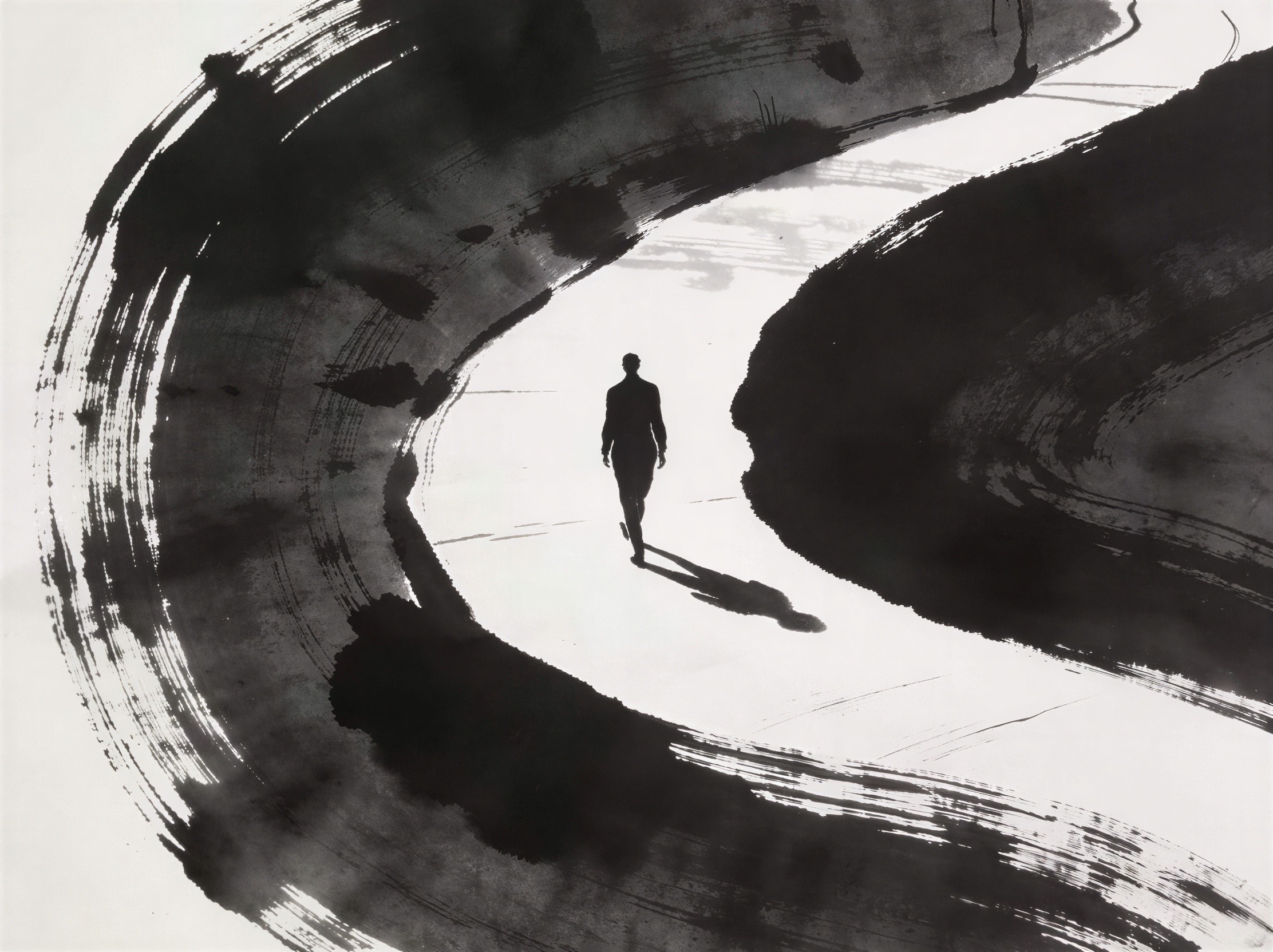 Abstract Ink Wash Painting of a Silhouette on Path
