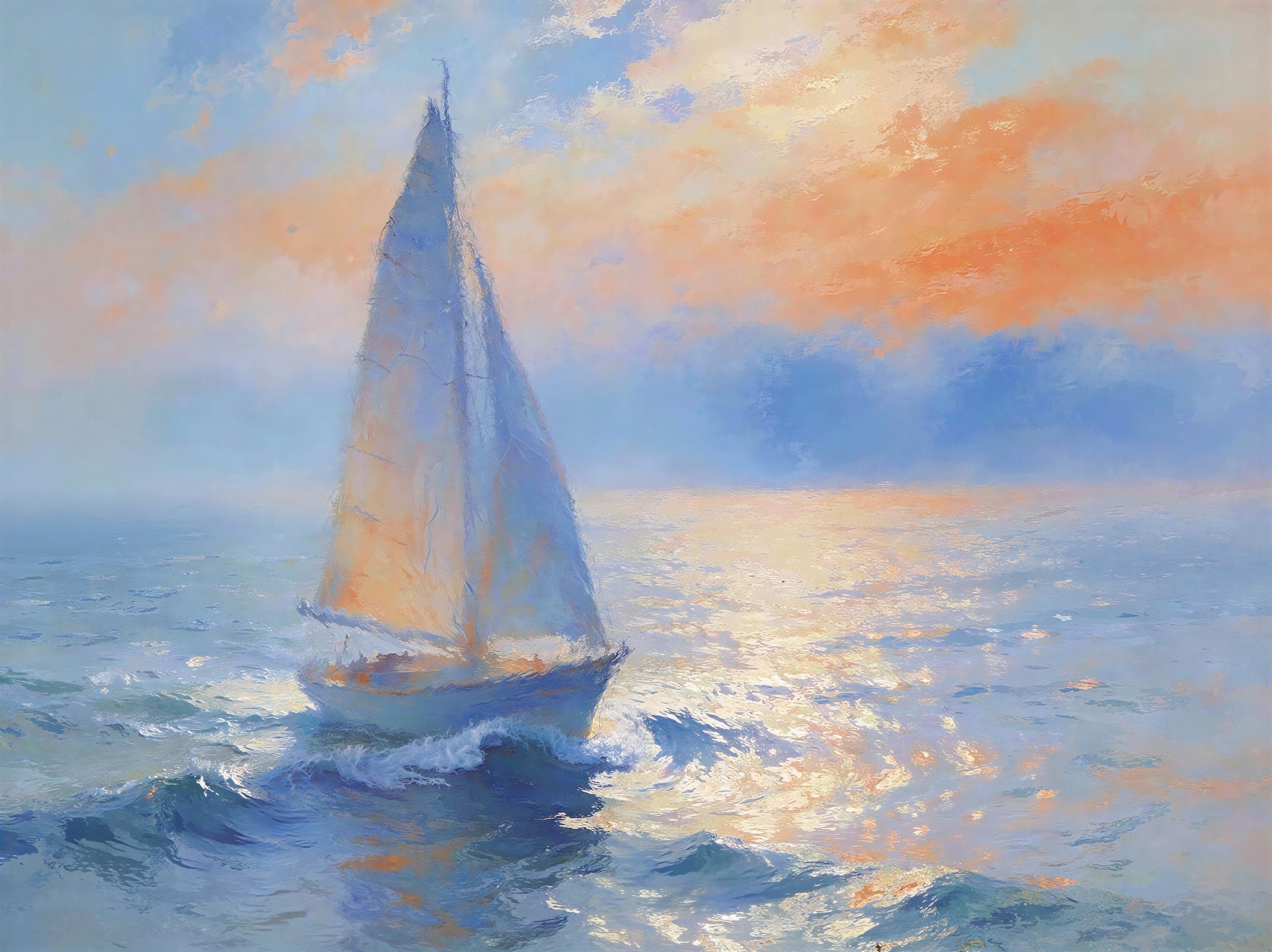 Sailboat on Choppy Ocean Under Cloudy Sky