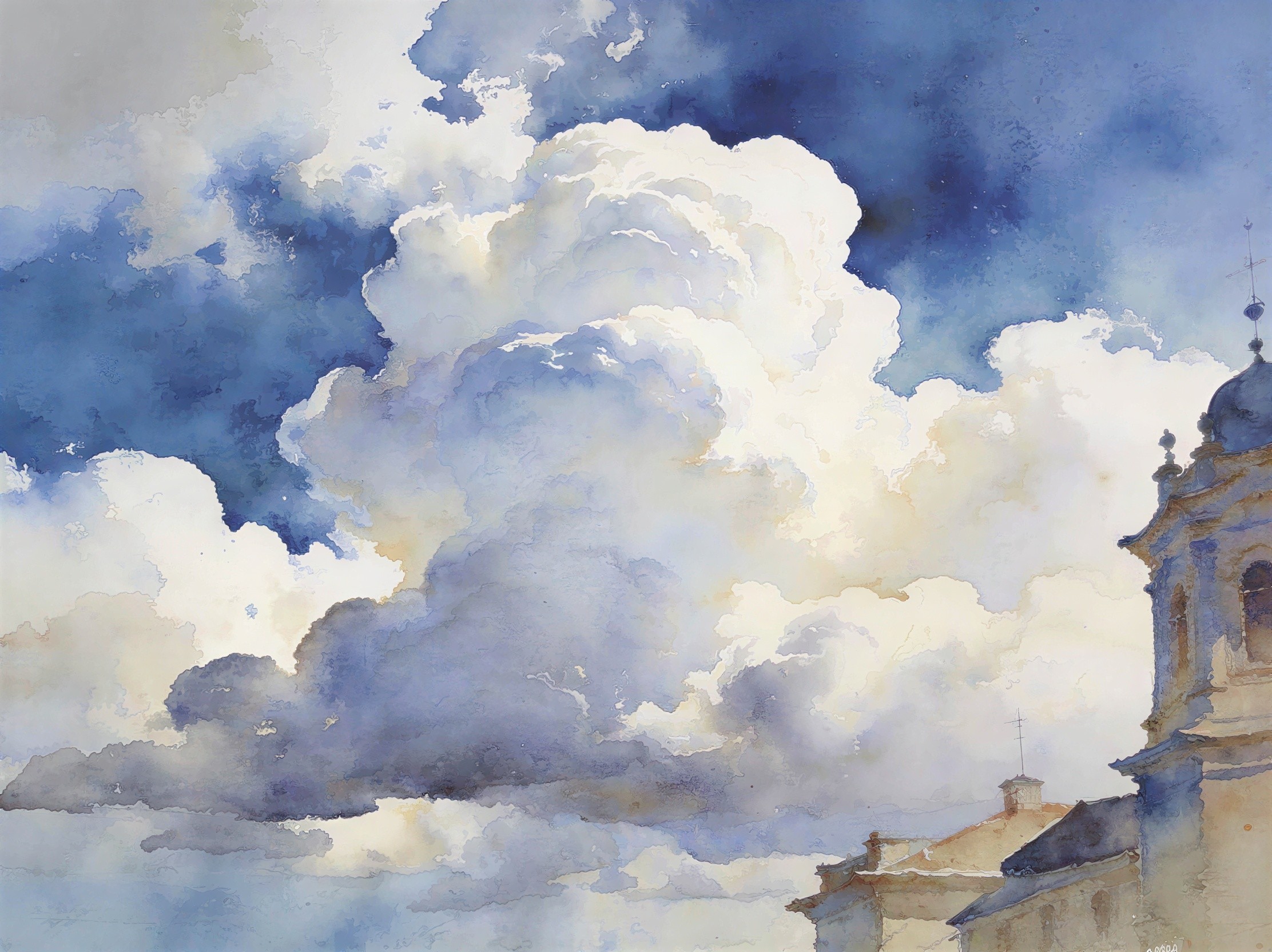 Watercolor Painting of Cloudy Sky with Building