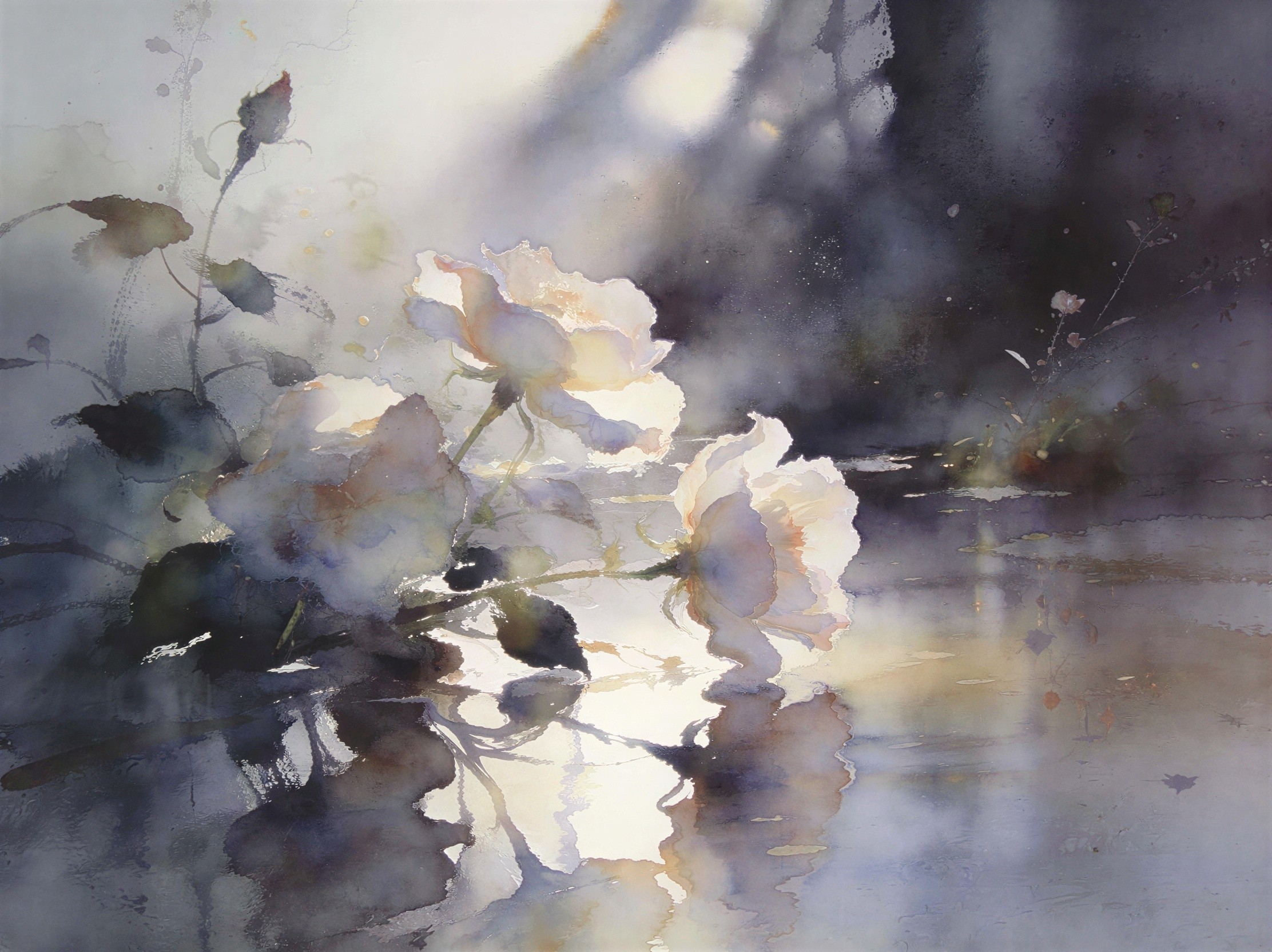 Watercolor Painting of Three Illuminated White Roses