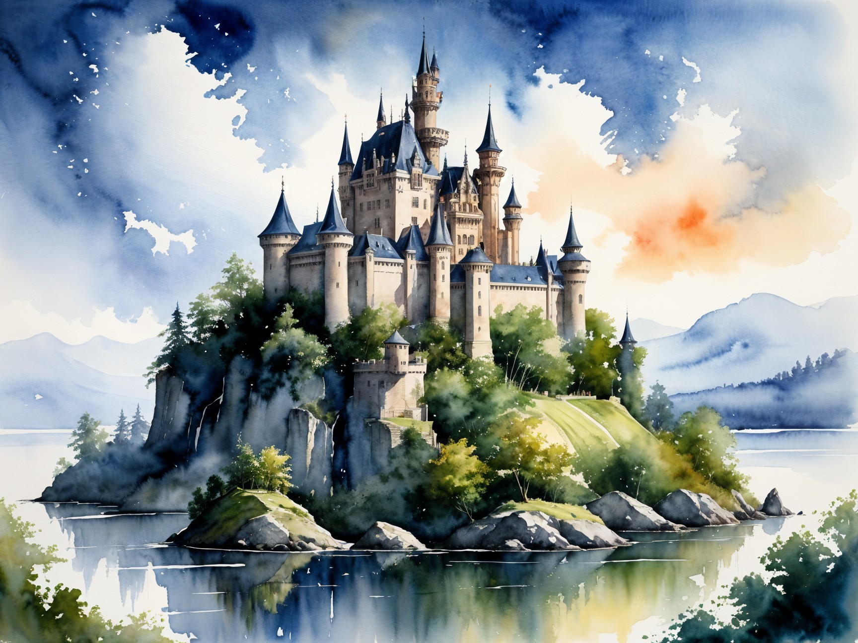 Majestic castle on rocky island with vibrant sky