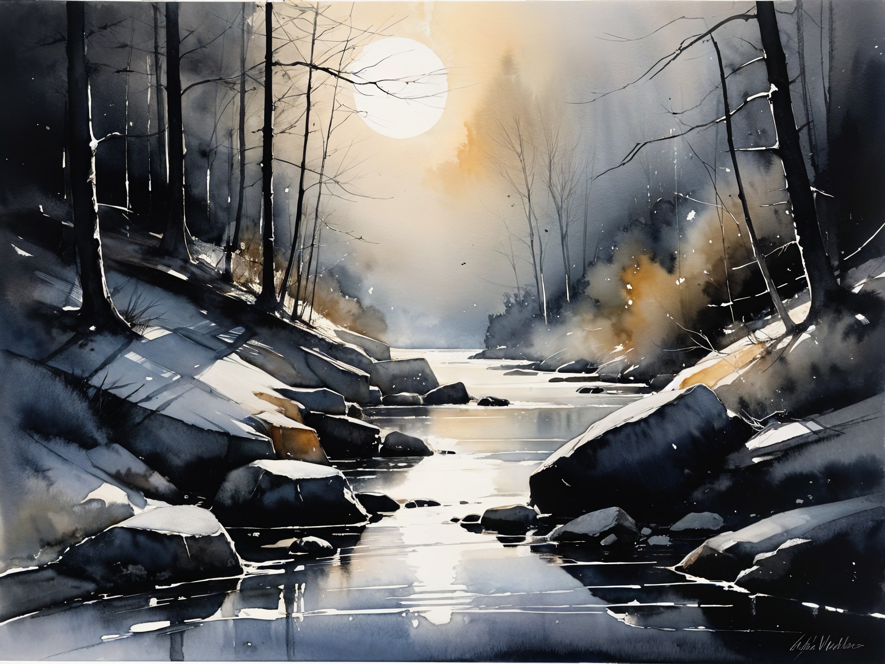 Watercolor Landscape of a Tranquil River and Forest