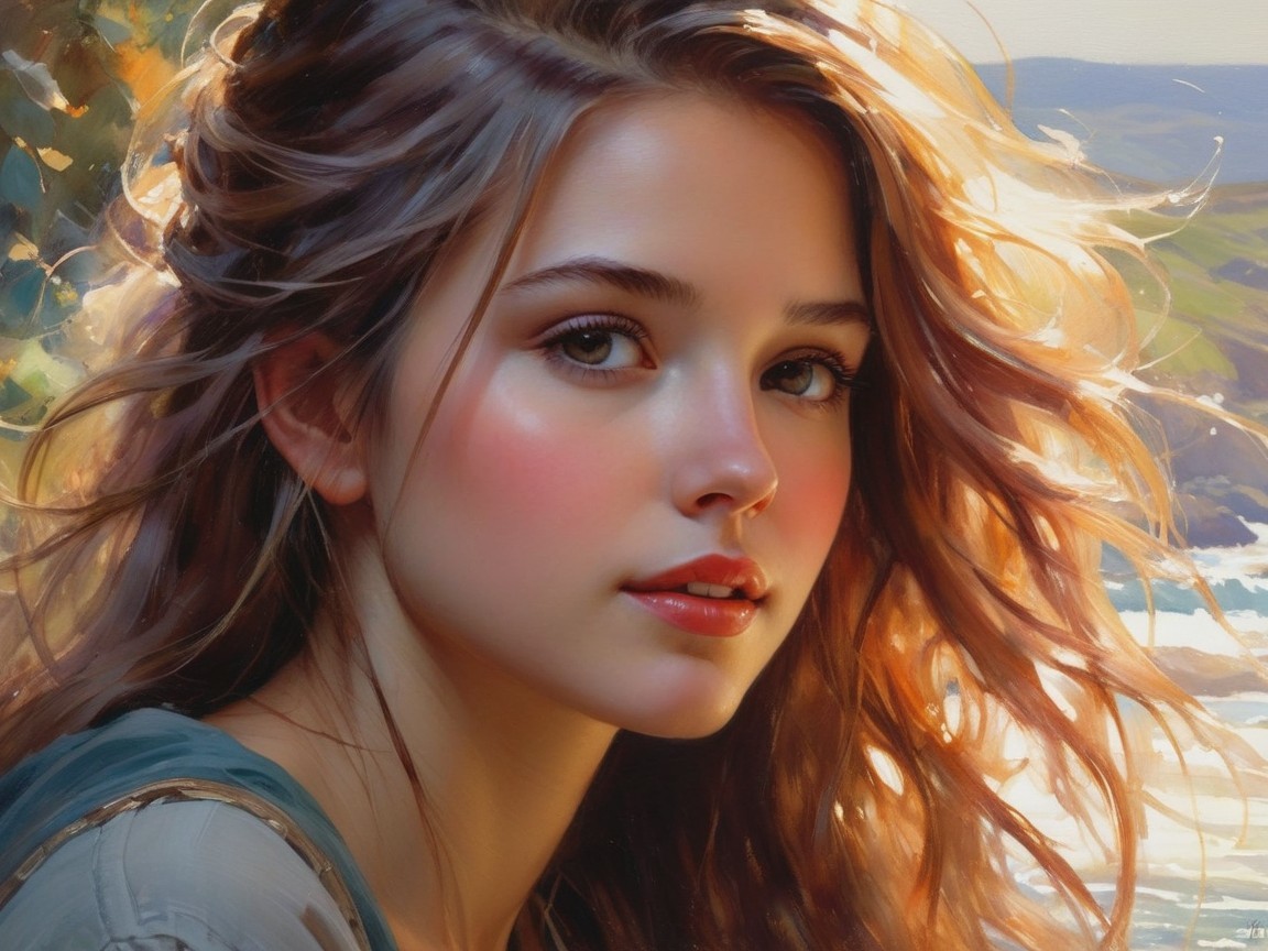 Young Woman in Sunlight with Serene Landscape背景