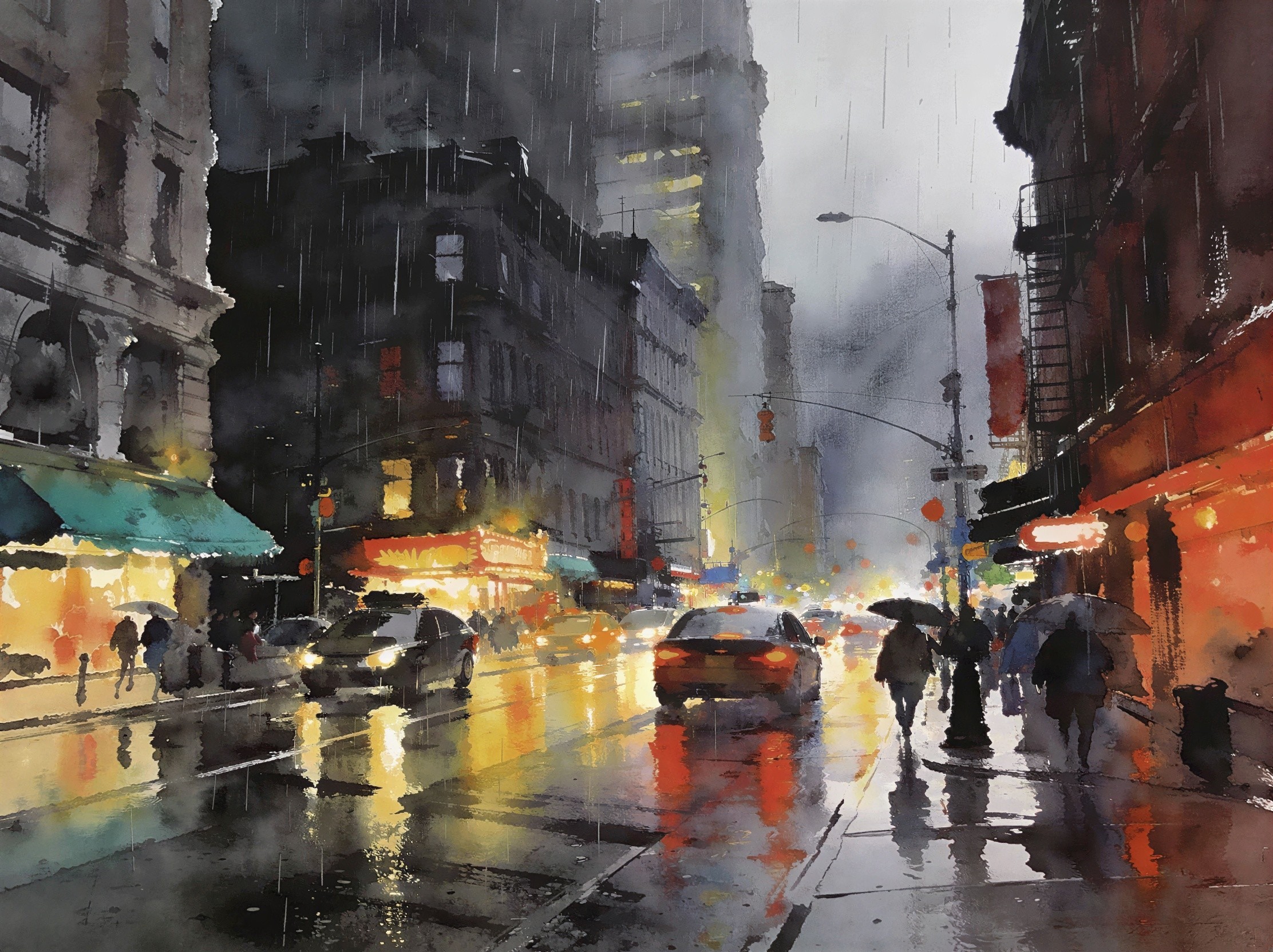 Watercolor Painting of a Rainy City Night Scene