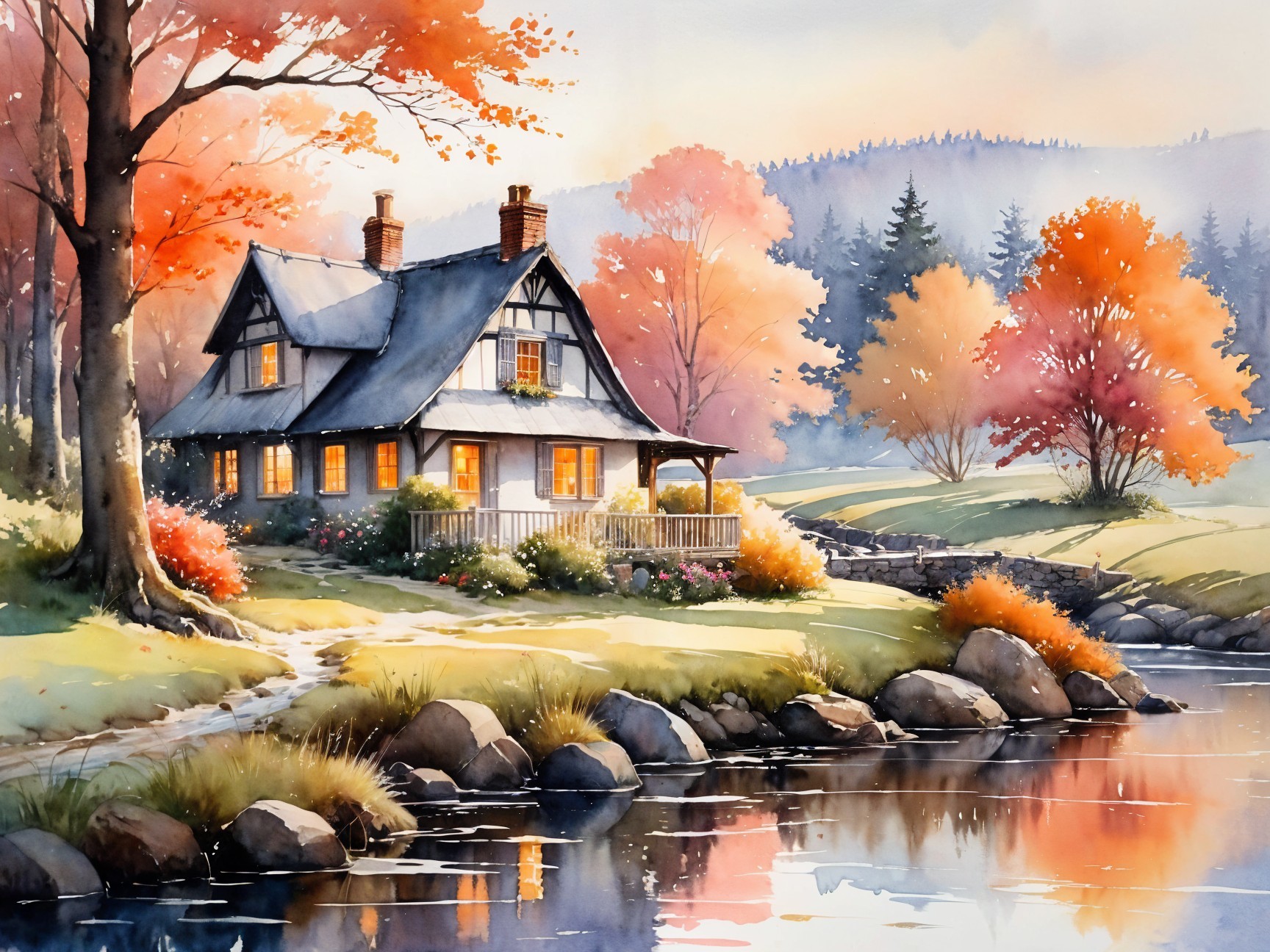 Cottage by a Lake Surrounded by Autumn Foliage