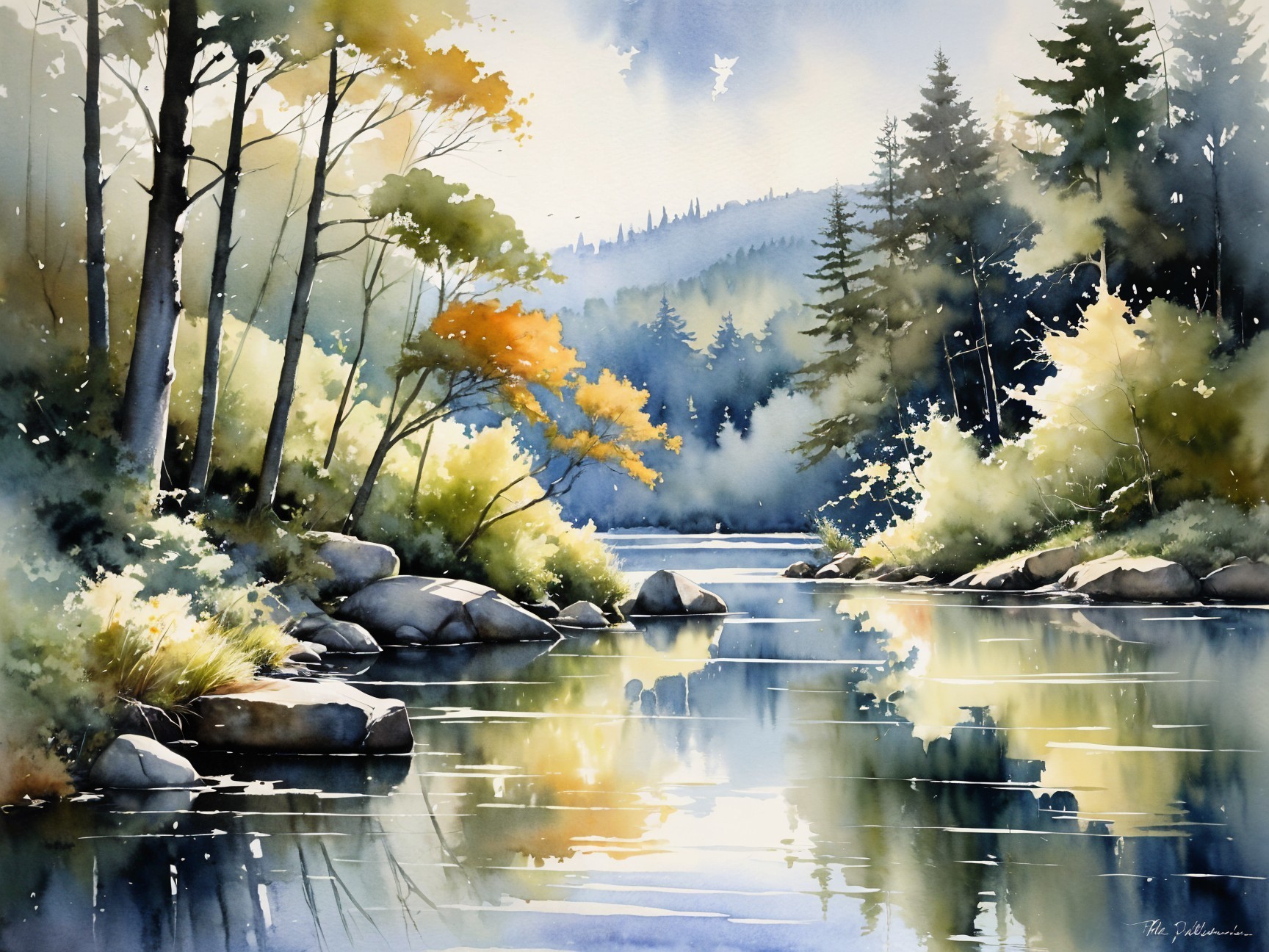 Serene River Landscape with Autumn Foliage and Mountains