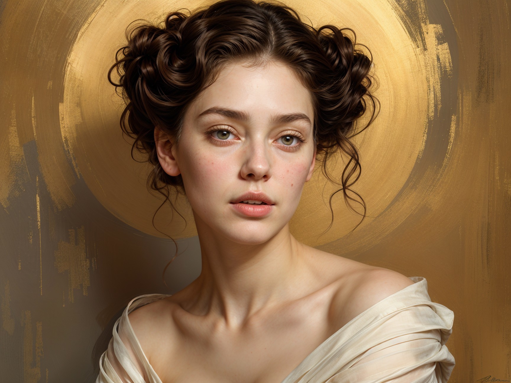 Young woman with elegant curls and soft gaze