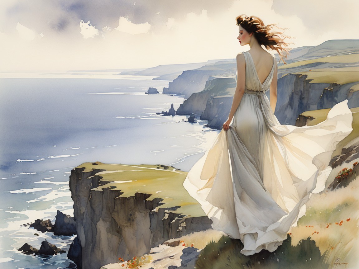 Woman in White Dress on Cliff Overlooking Ocean