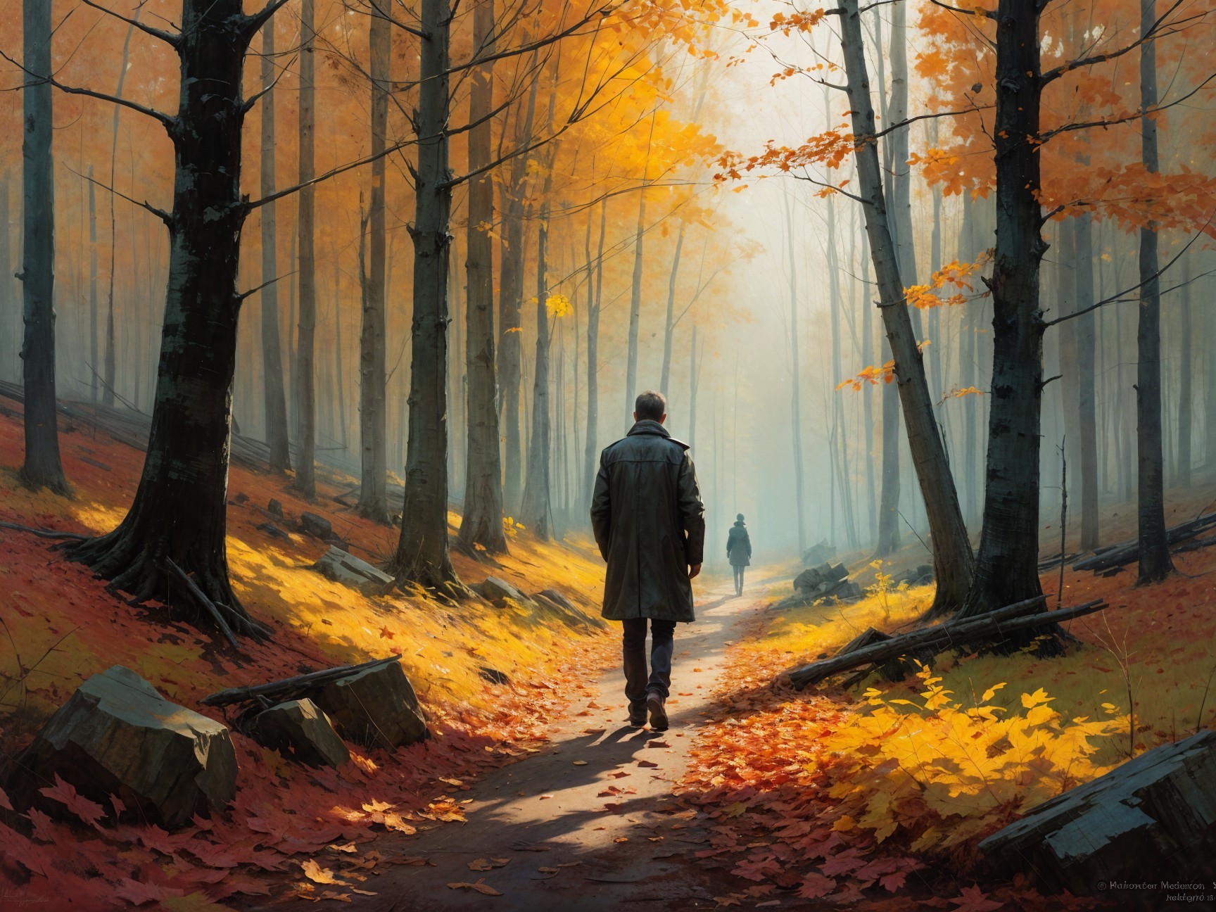 Autumn Forest Path with Vibrant Leaves and Sunlight