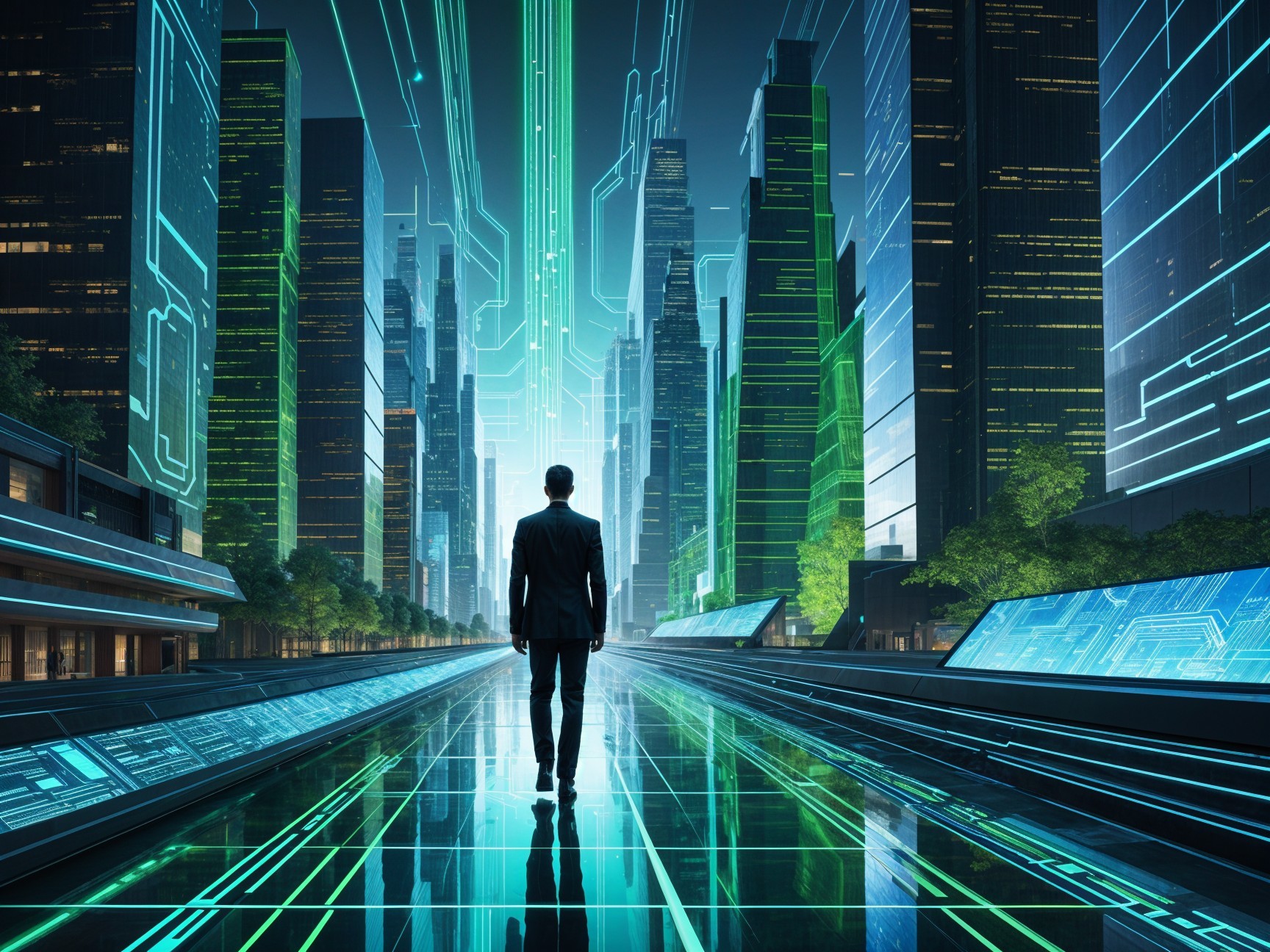 Silhouette in Futuristic Cityscape with Neon Lights