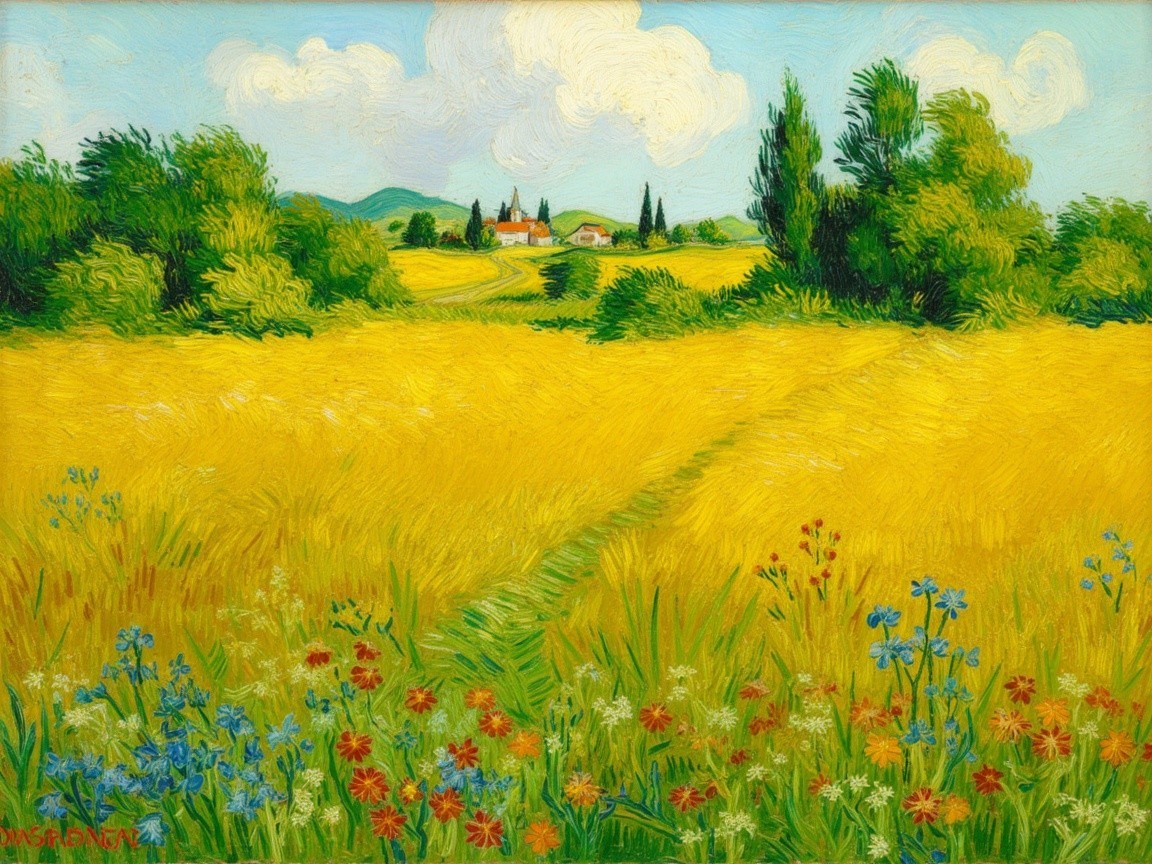 Vibrant Landscape of Wheat Field and Quaint Houses