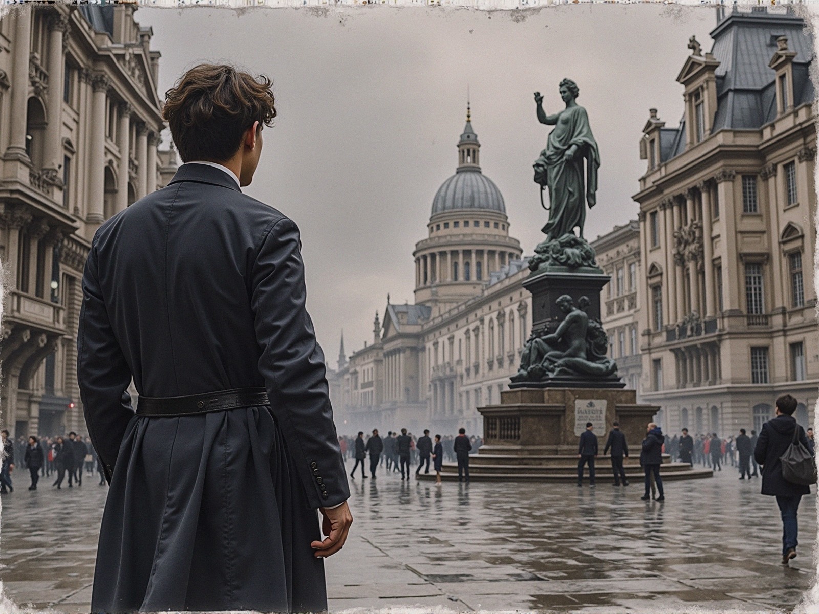 Misty Urban Square with a Grand Statue