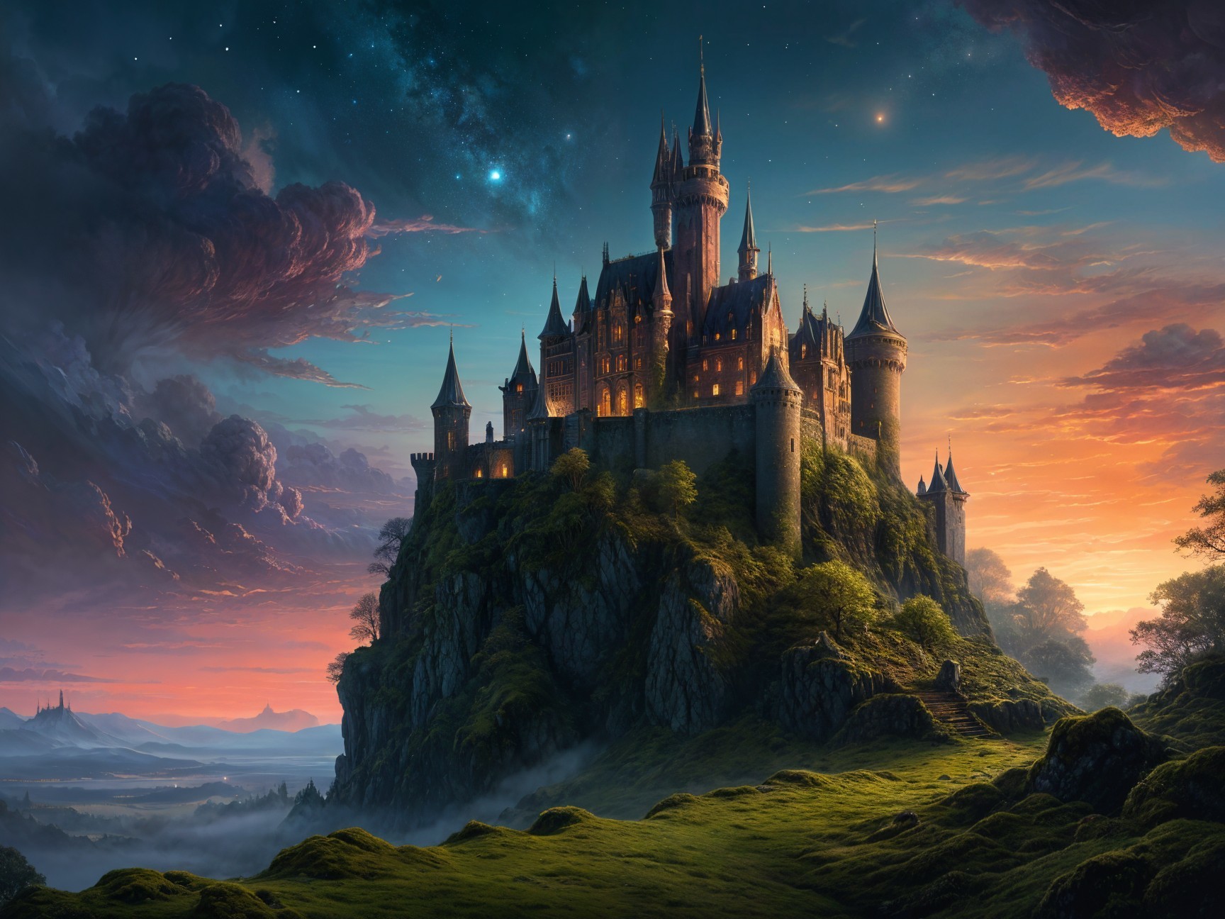 Majestic castle on a hill at twilight with vibrant sky