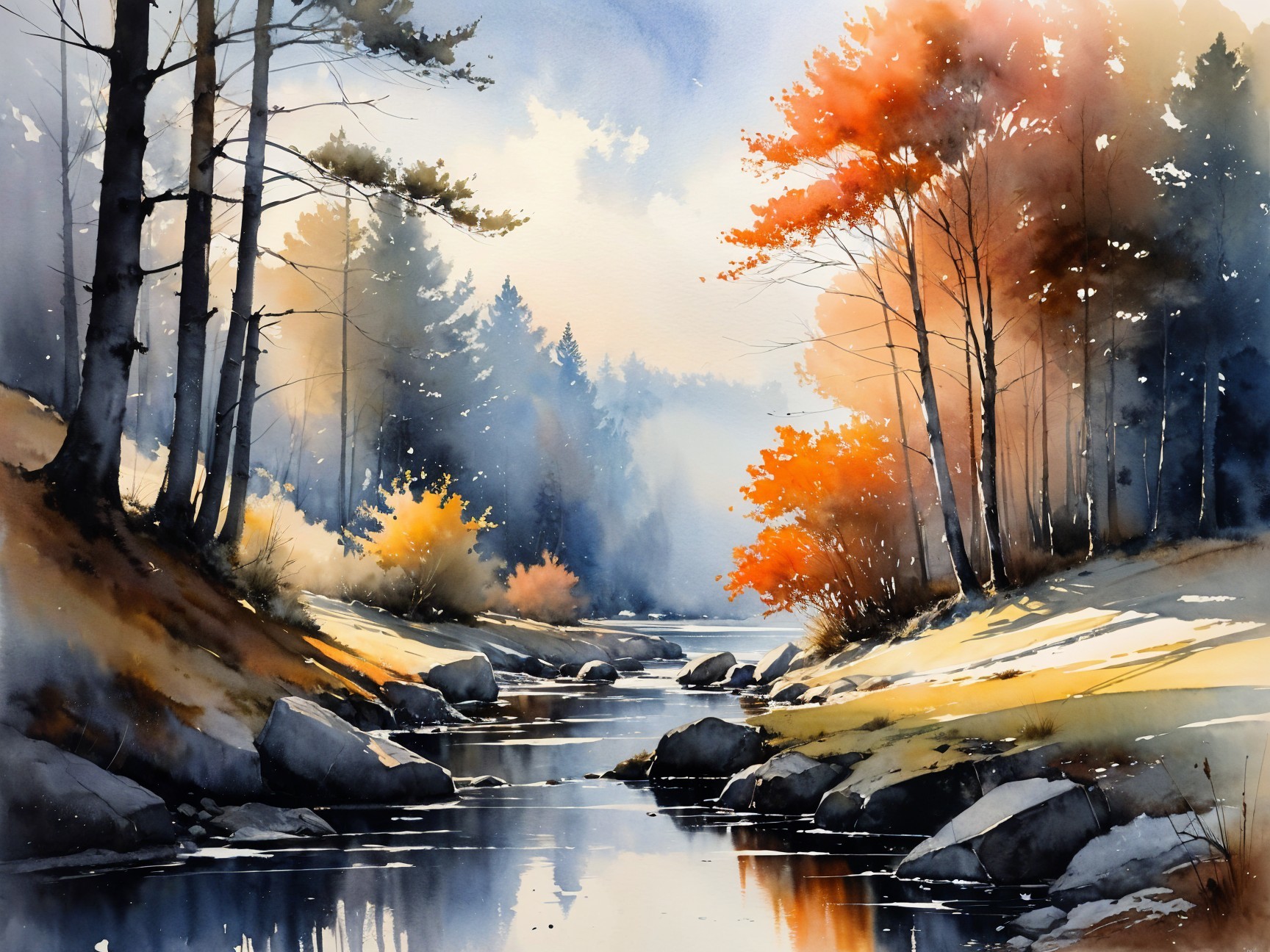 Tranquil River in Autumn Forest Landscape