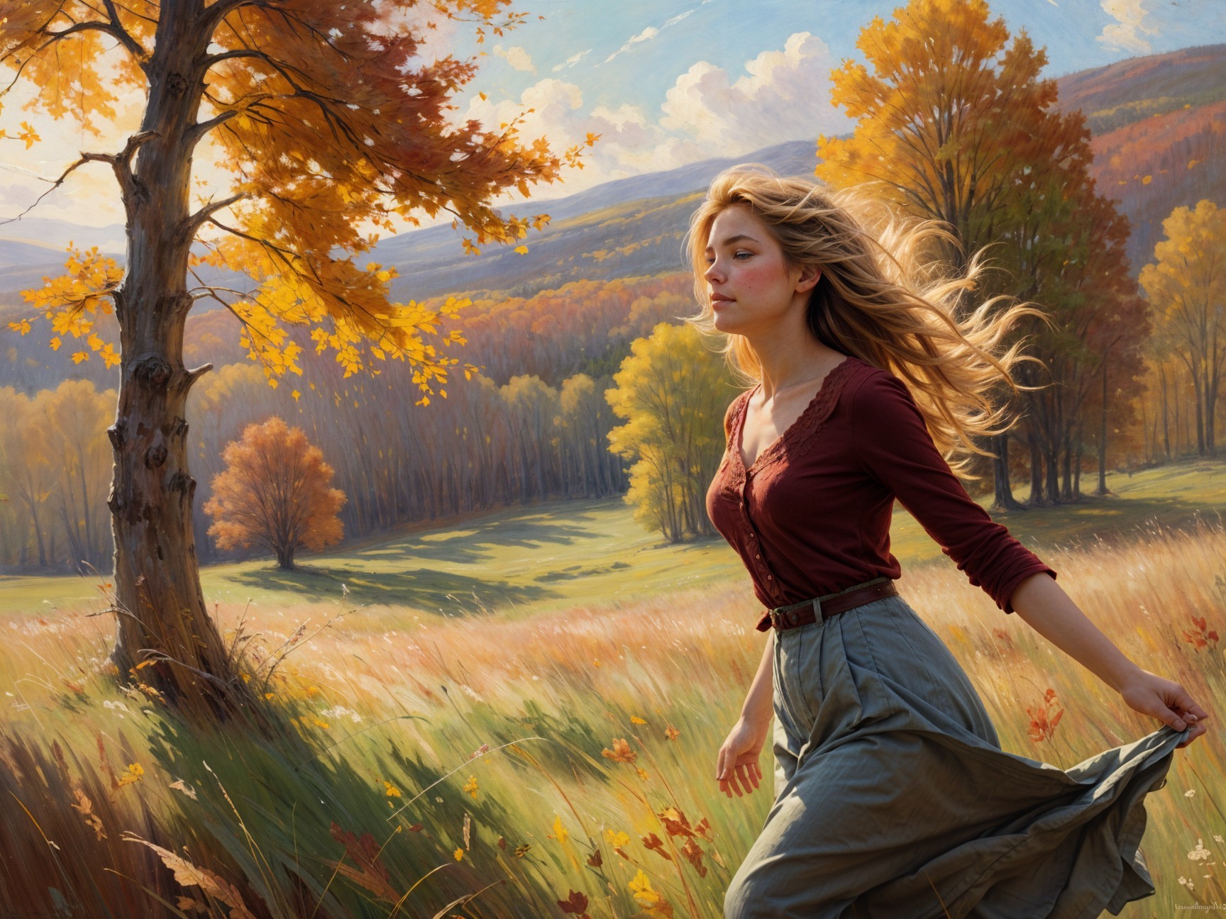 Young woman in autumn meadow with vibrant foliage