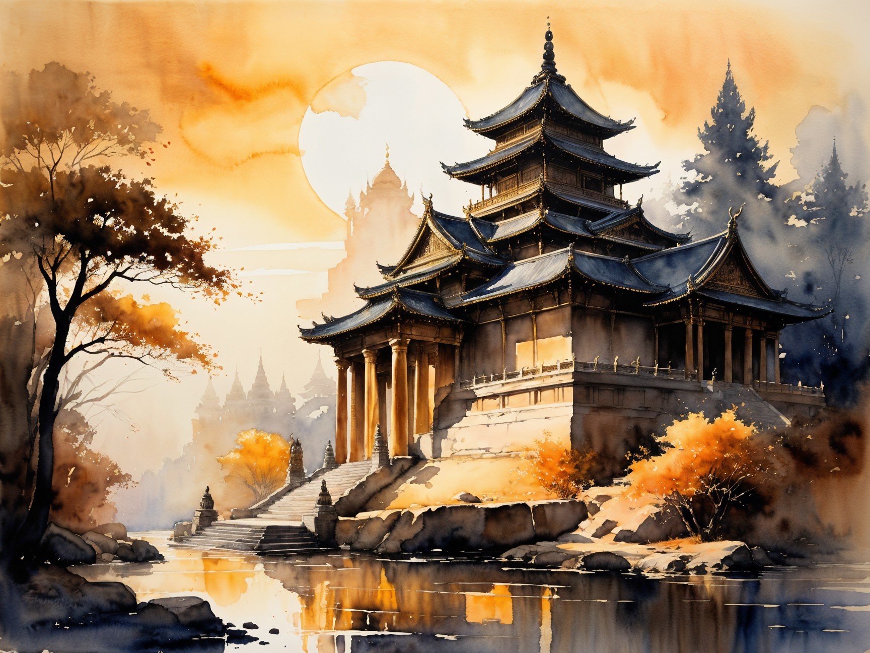 Watercolor Landscape with Pagoda and Autumn Foliage