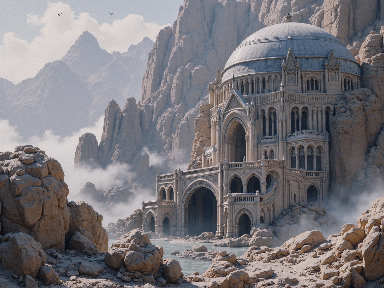 Ancient Structure Surrounded by Rugged Mountains
