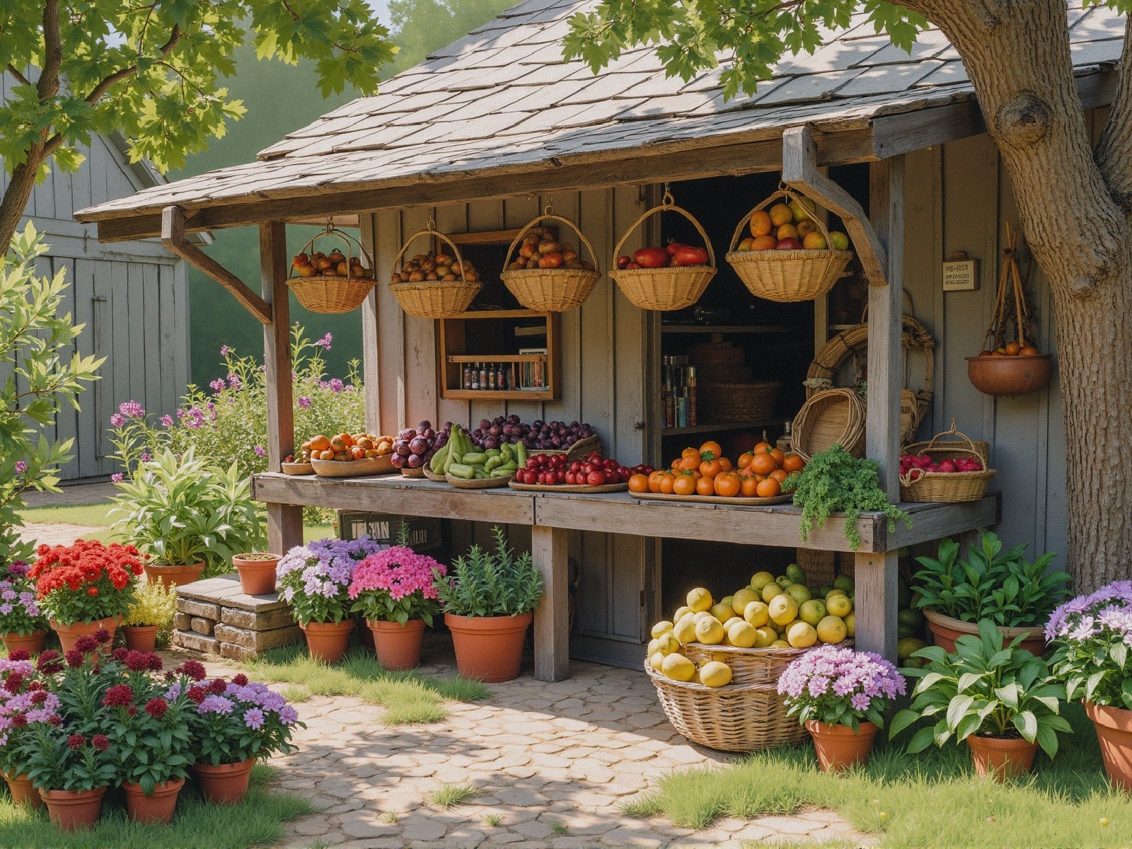 Wooden fruit stand with colorful produce and flowers