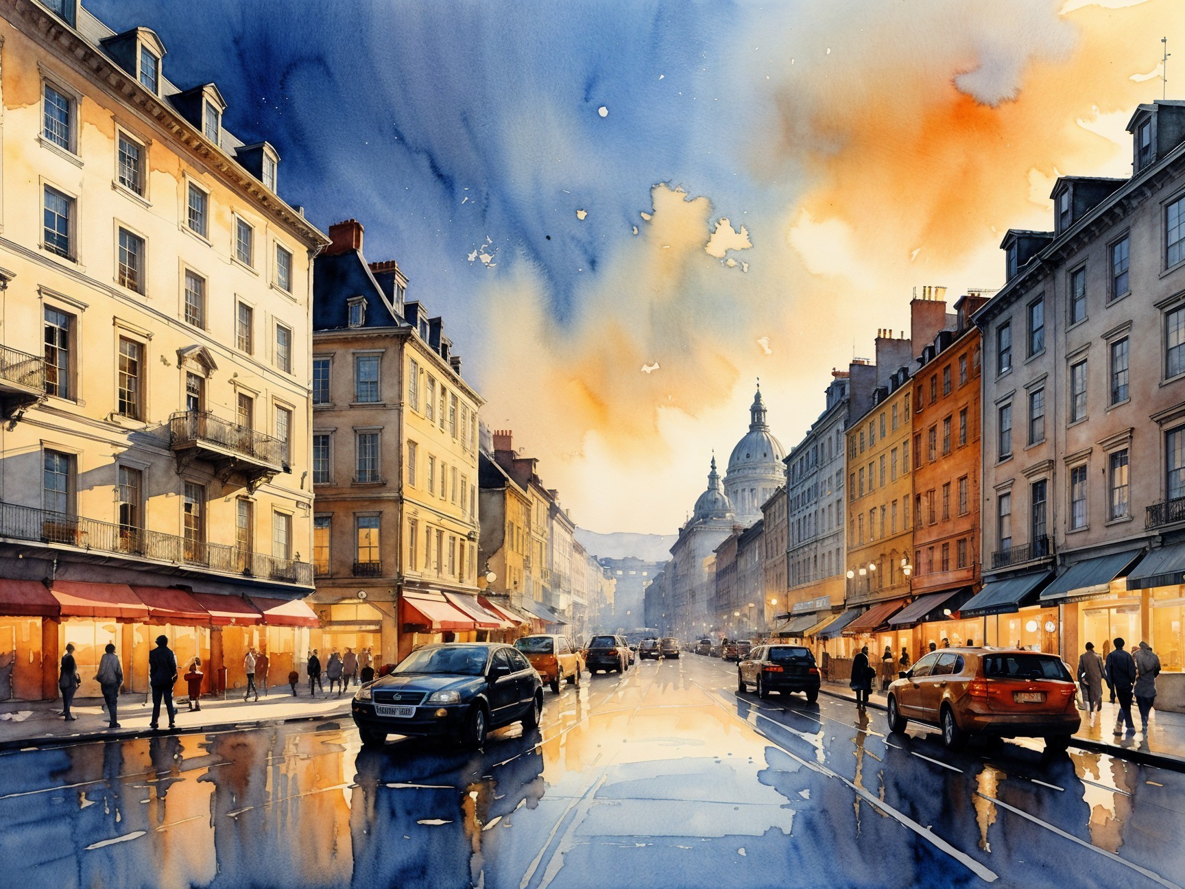 Vibrant City Street Scene at Dusk with Reflections