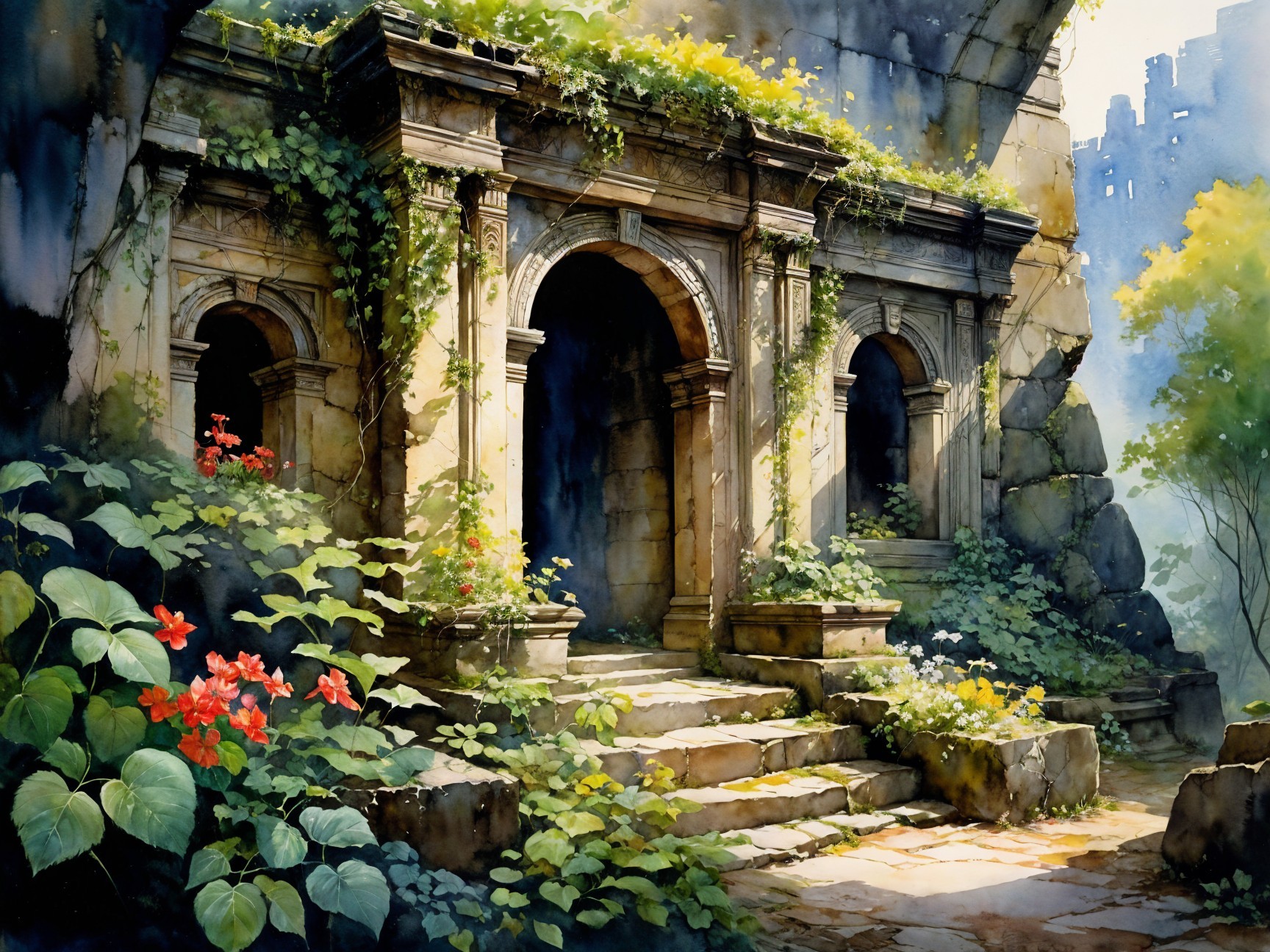 Overgrown Ruin with Ancient Architecture and Vines
