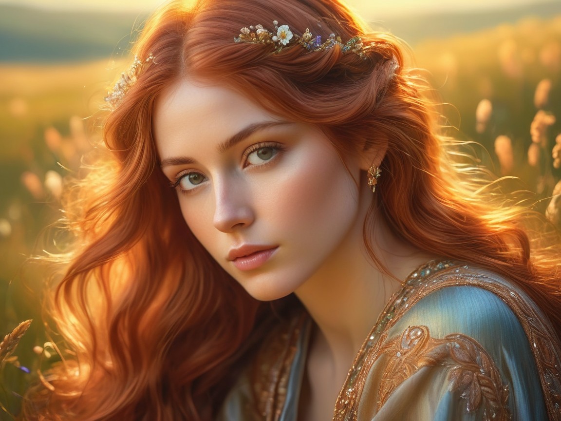 Young woman with red hair in a sunlit field