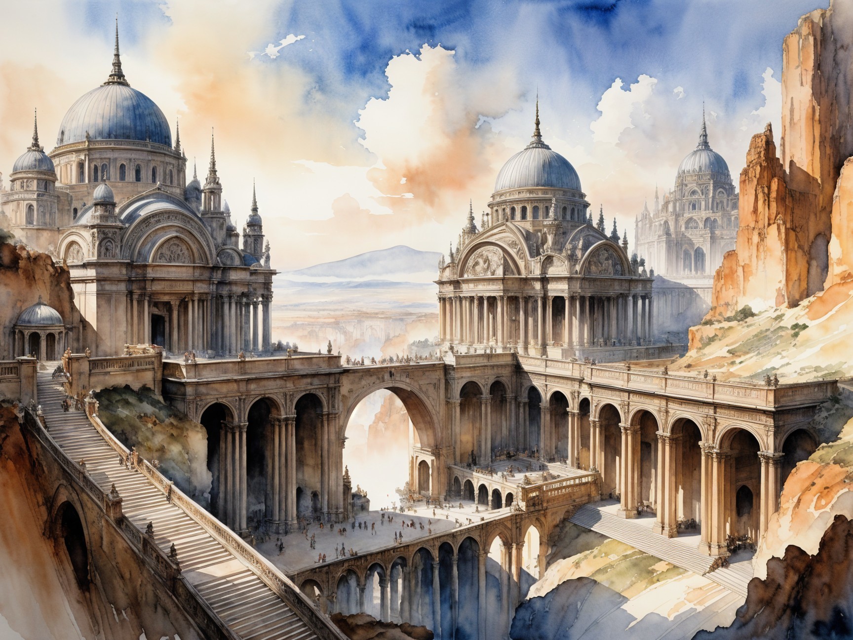 Watercolor Landscape of a Fantastical City at Sunset