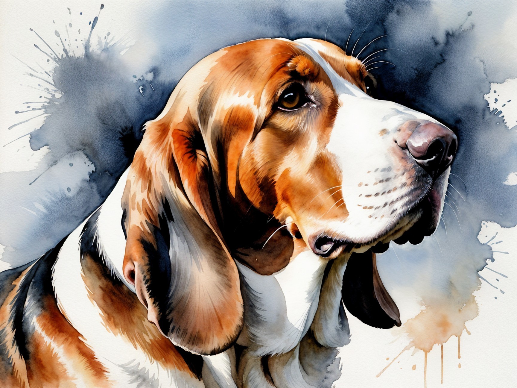 Watercolor Painting of a Basset Hound with Colors