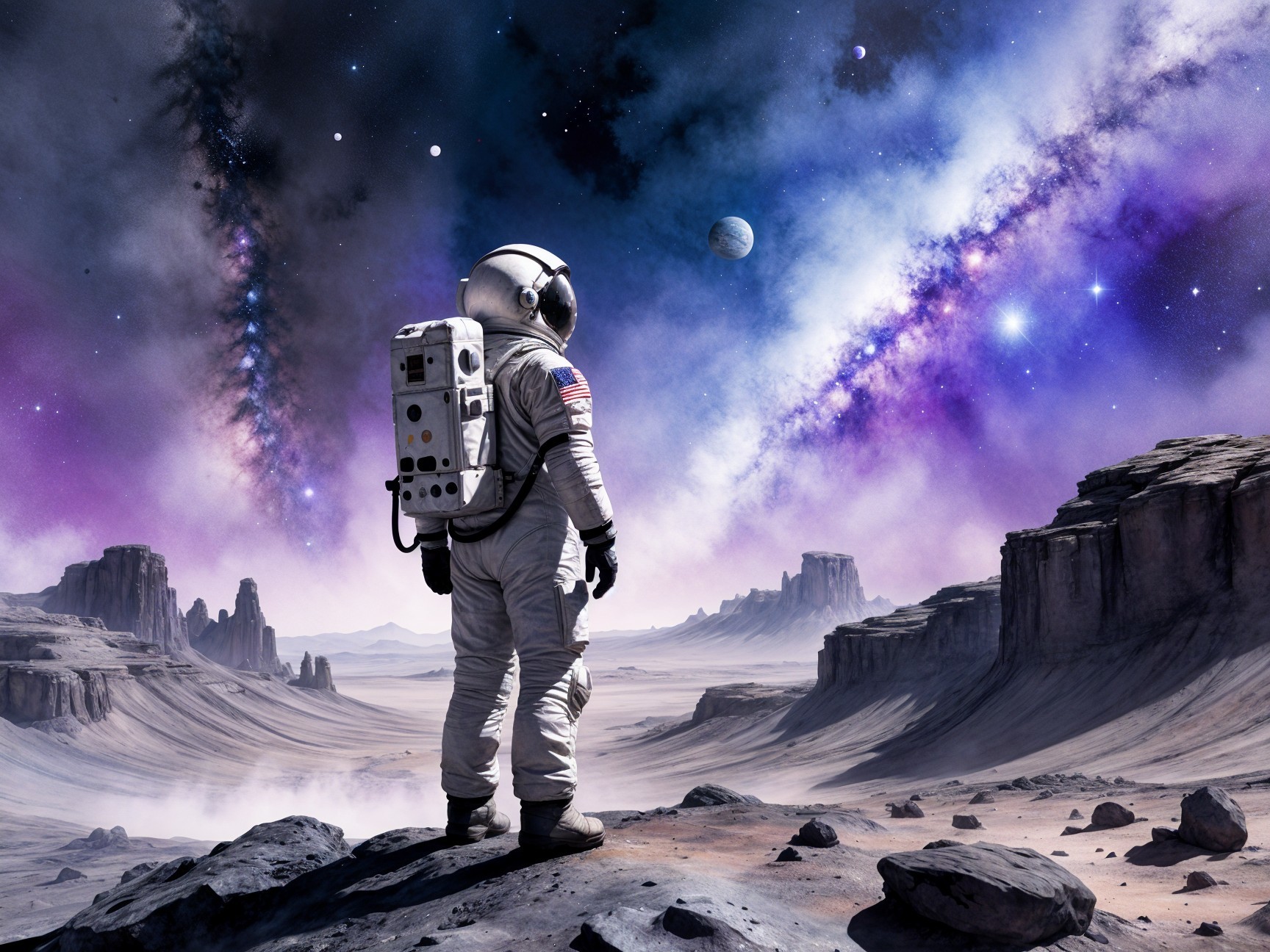 Astronaut on Rocky Landscape Under Colorful Galaxy