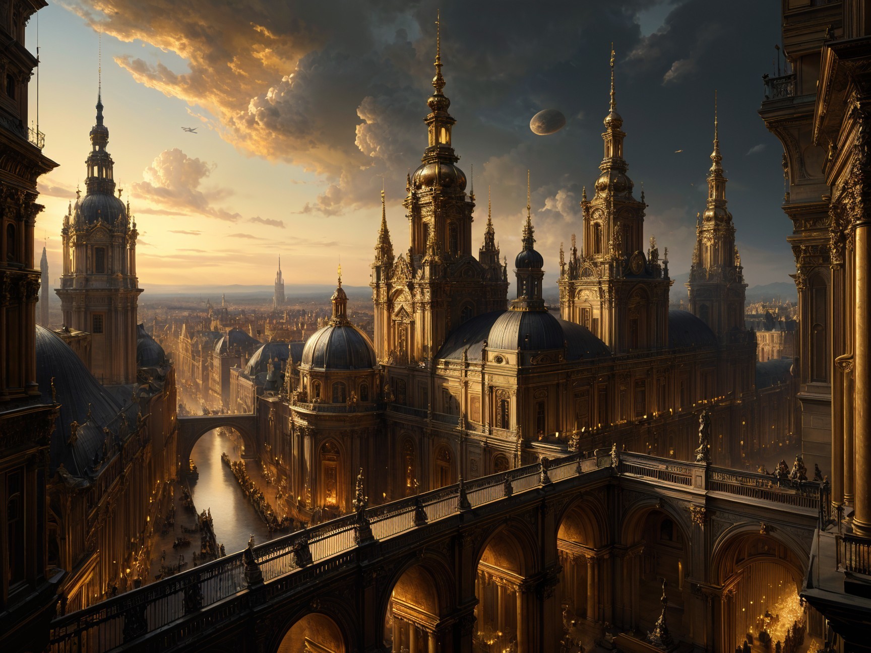 Cityscape with Ornate Architecture and Dramatic Sky