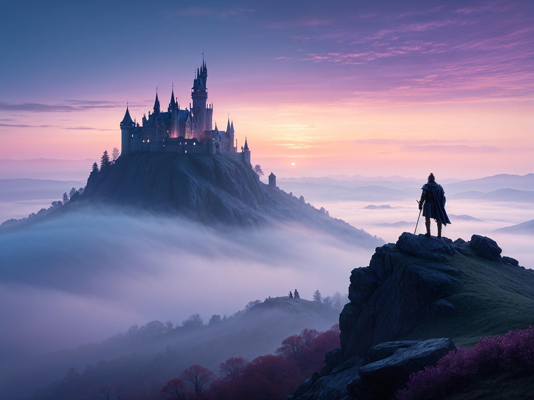 Lone Figure Overlooks Misty Castle on Rocky Outcrop